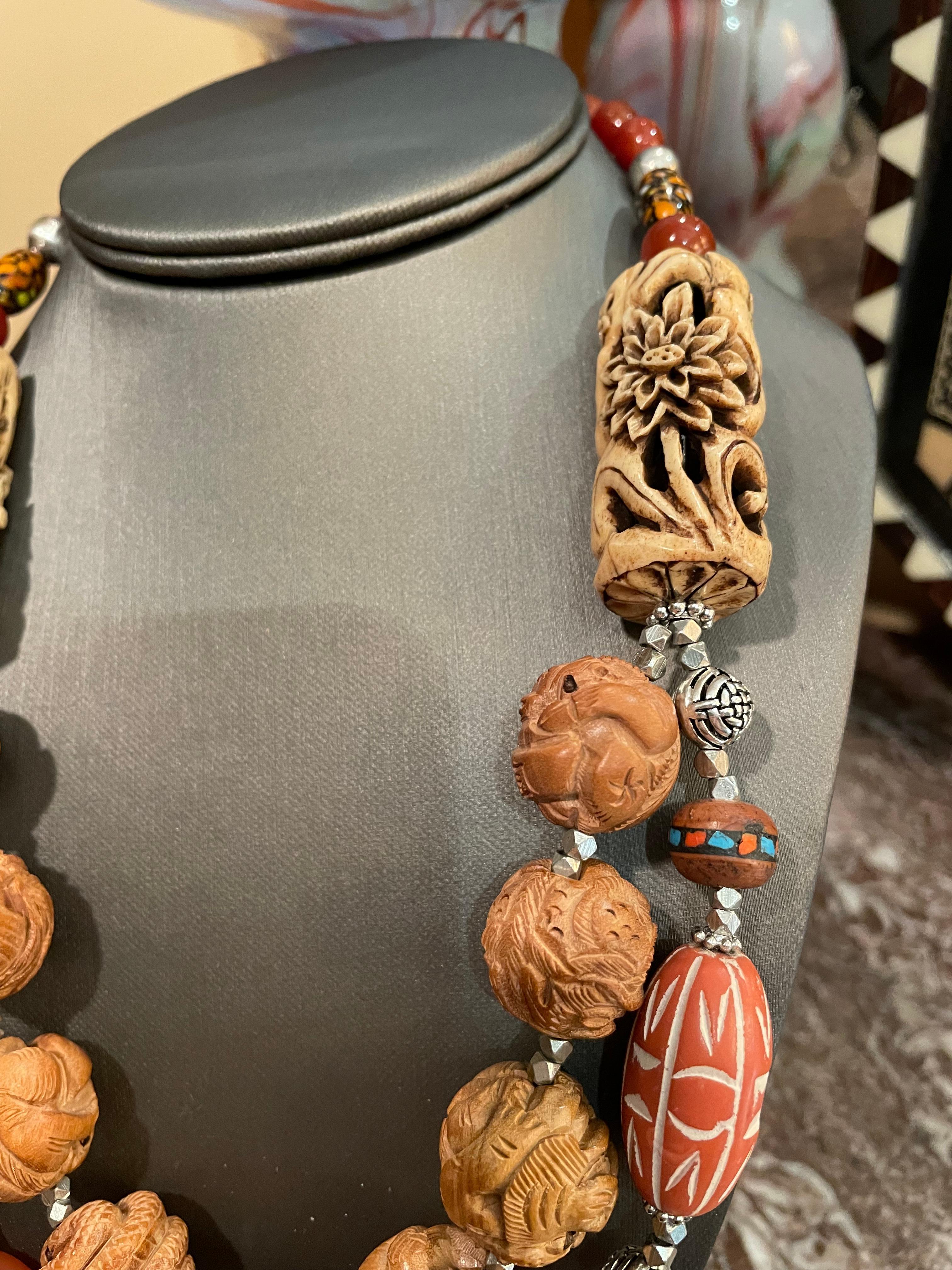 Artisan Vintage carved wooden Chinese beads, Bakelite, soapstone barrels, OOAK necklace. For Sale