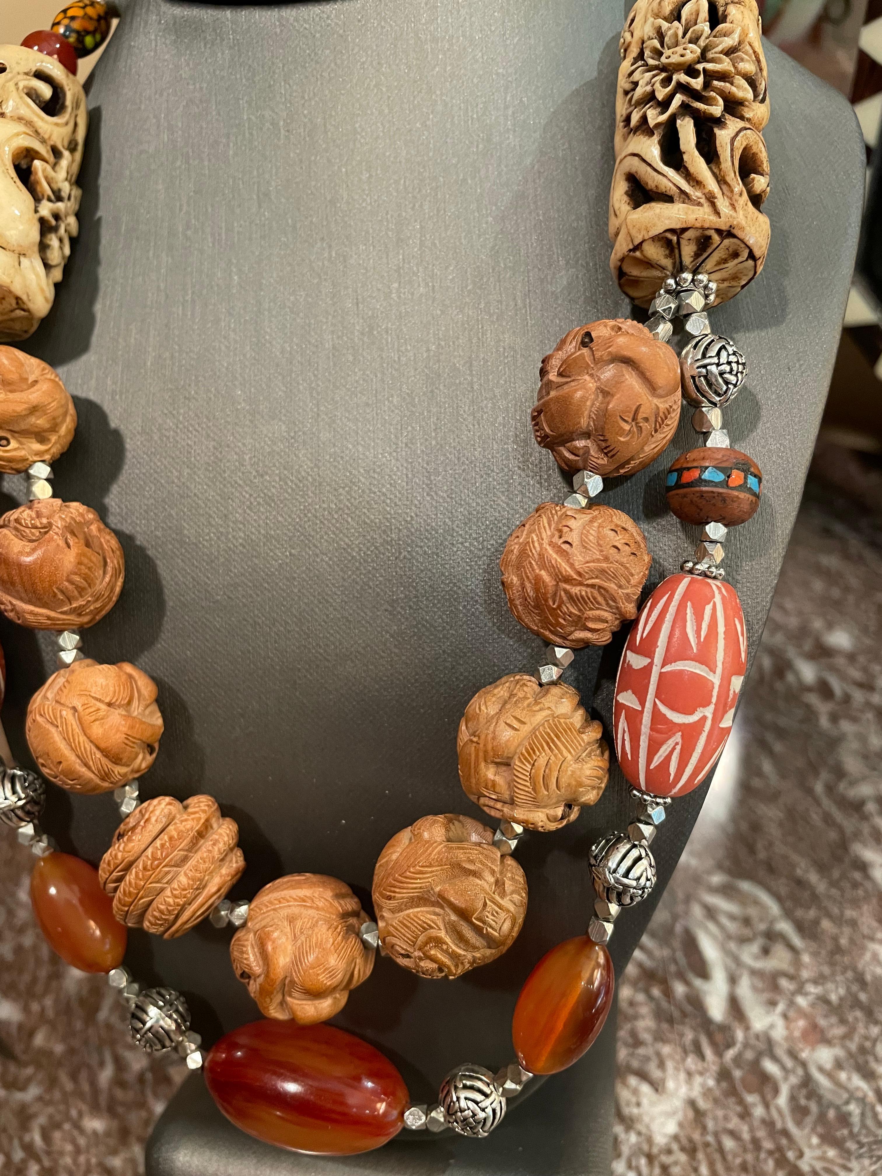 Bead Vintage carved wooden Chinese beads, Bakelite, soapstone barrels, OOAK necklace. For Sale