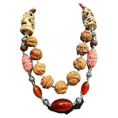Vintage carved wooden Chinese beads, Bakelite, soapstone barrels, OOAK necklace.
