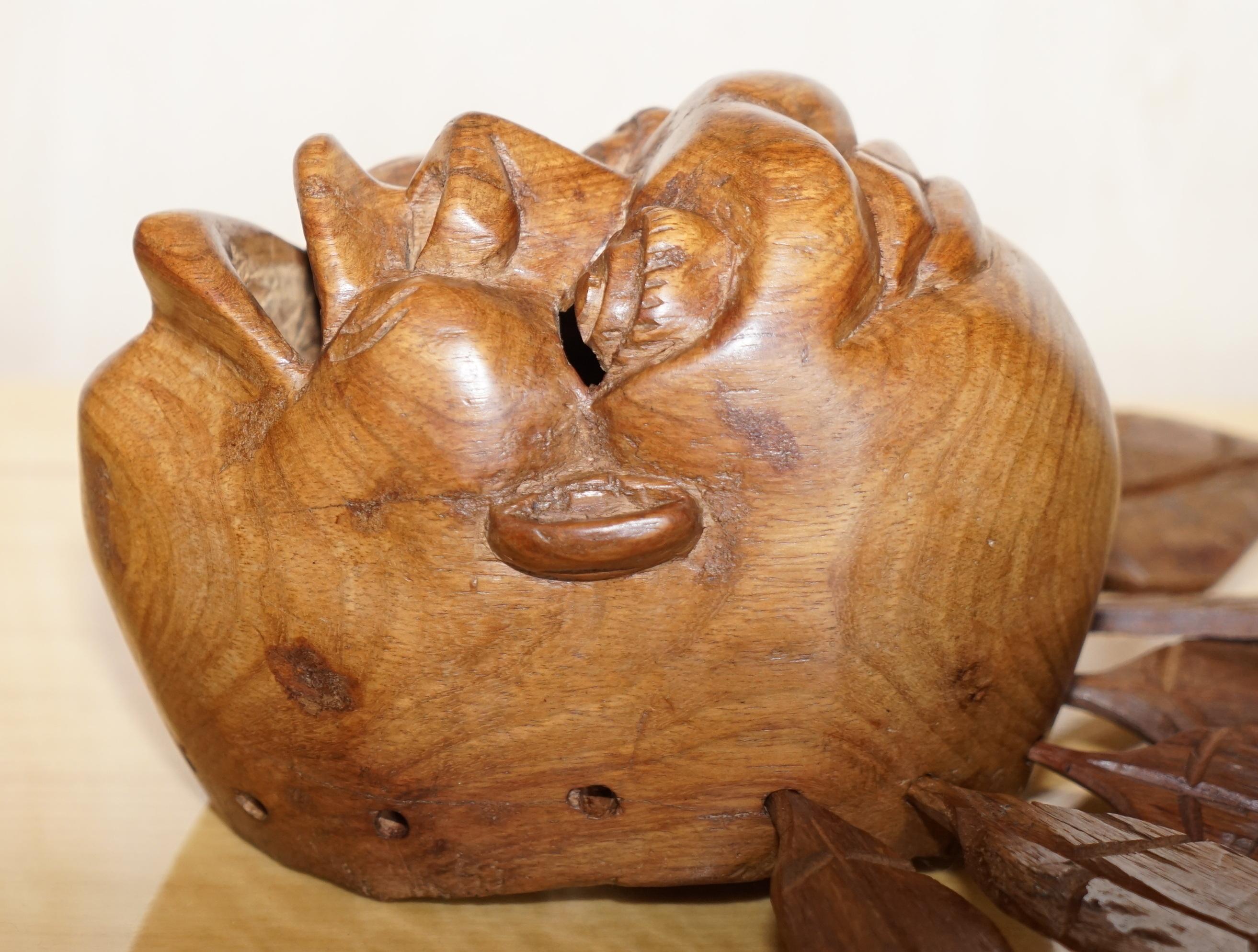 Vintage Carved Wooden Head with Removable Feathers, Carved from Single Burr For Sale 4