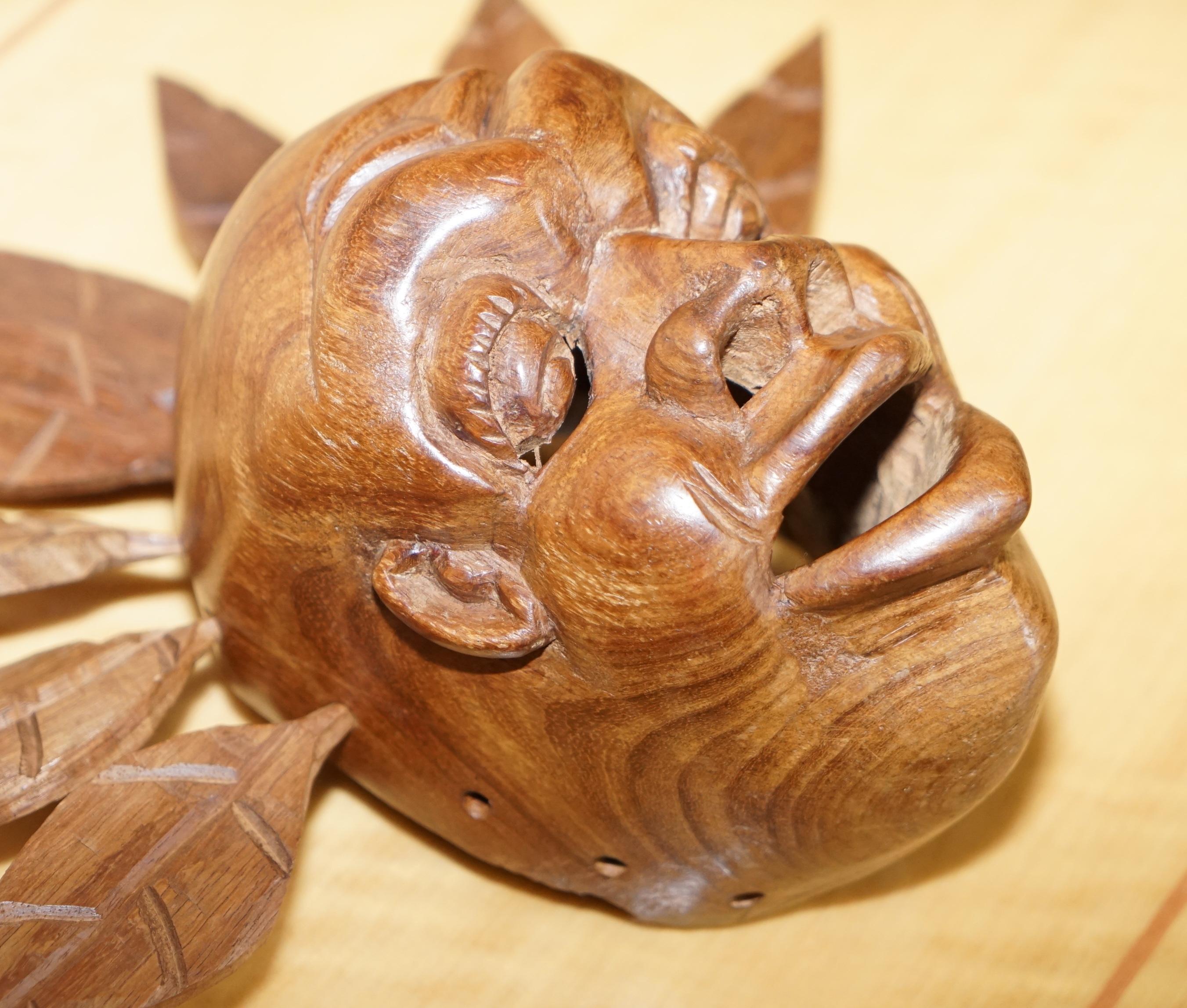 Bohemian Vintage Carved Wooden Head with Removable Feathers, Carved from Single Burr For Sale