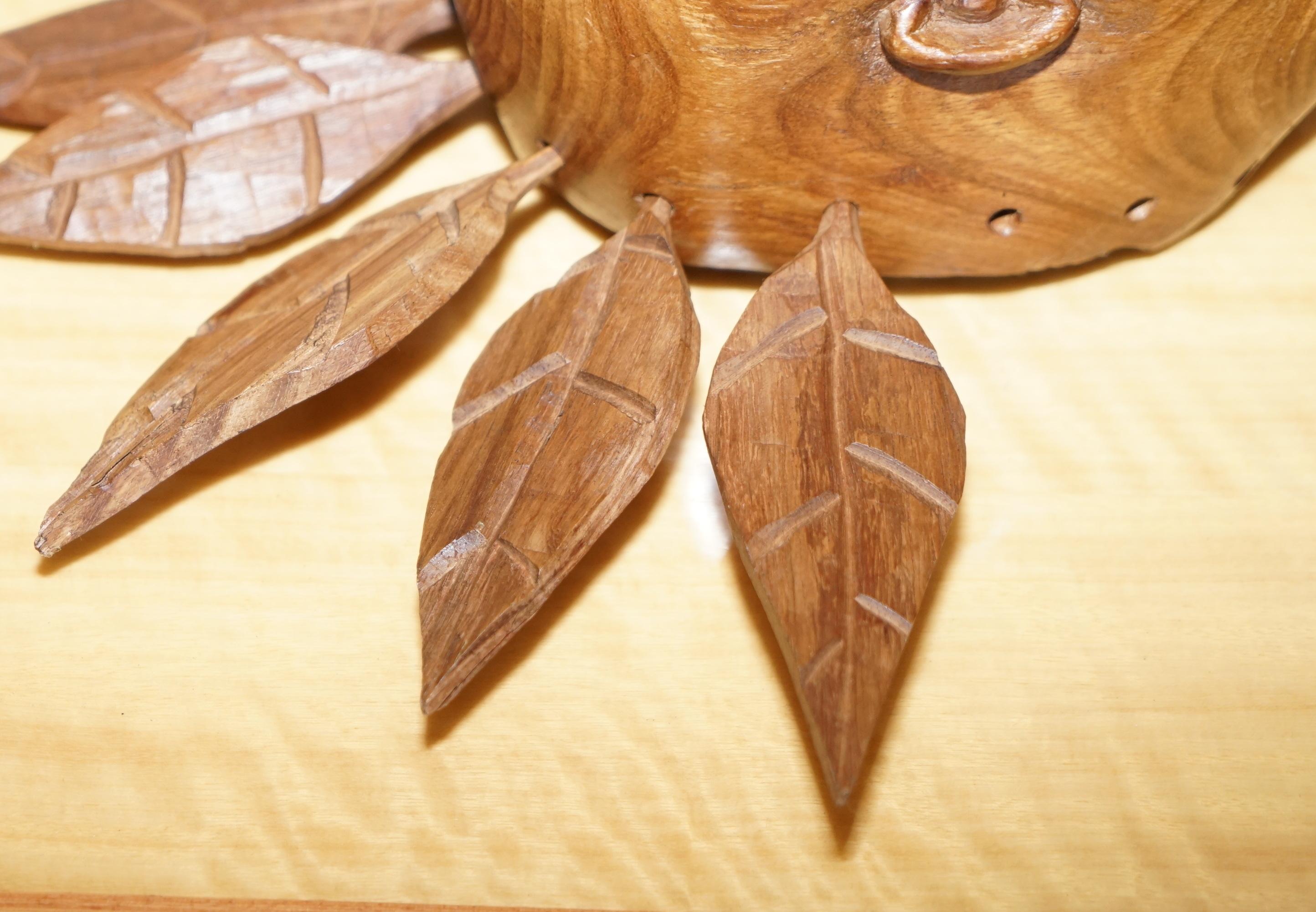 20th Century Vintage Carved Wooden Head with Removable Feathers, Carved from Single Burr For Sale