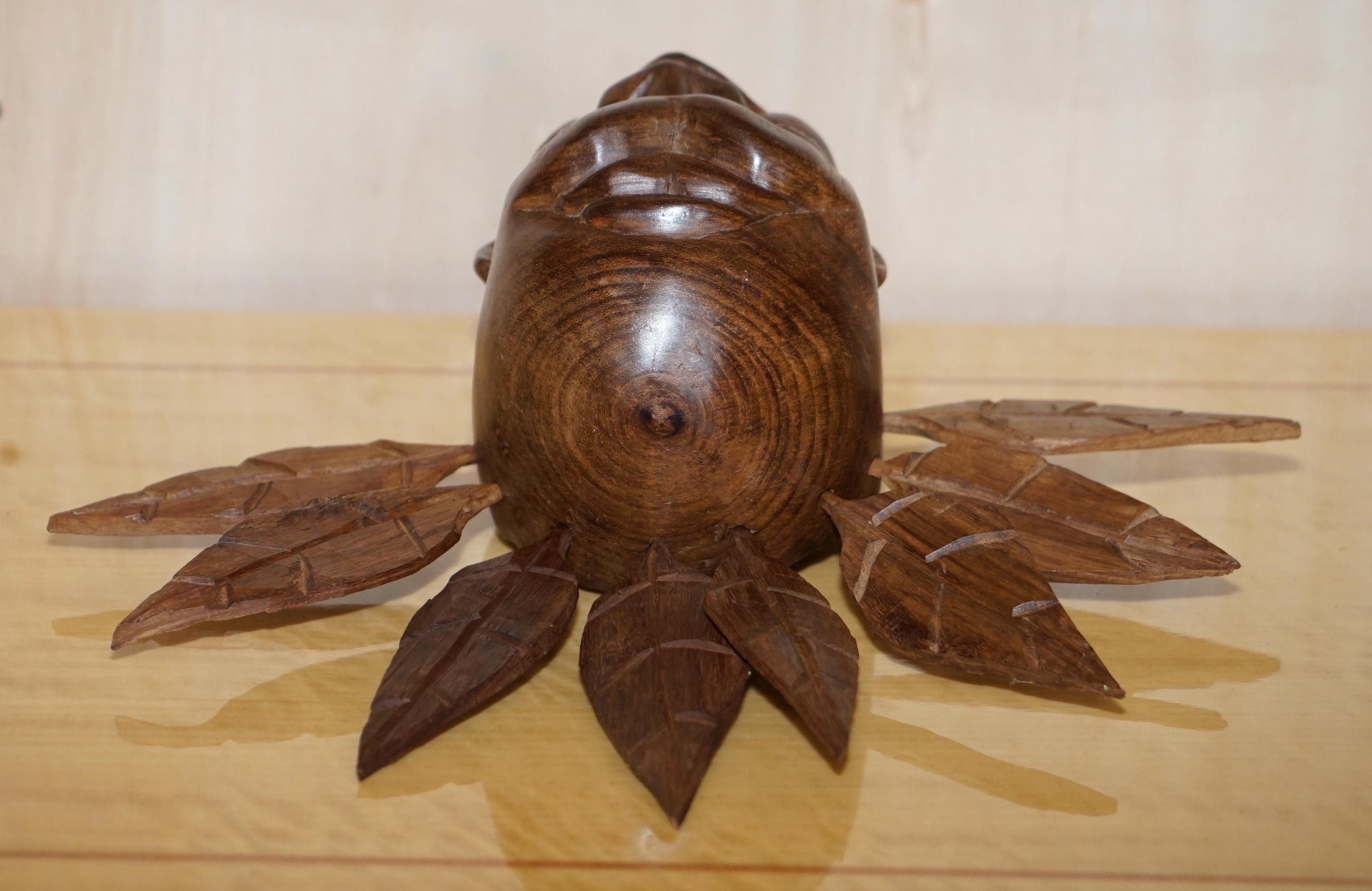 Vintage Carved Wooden Head with Removable Feathers, Carved from Single Burr For Sale 1