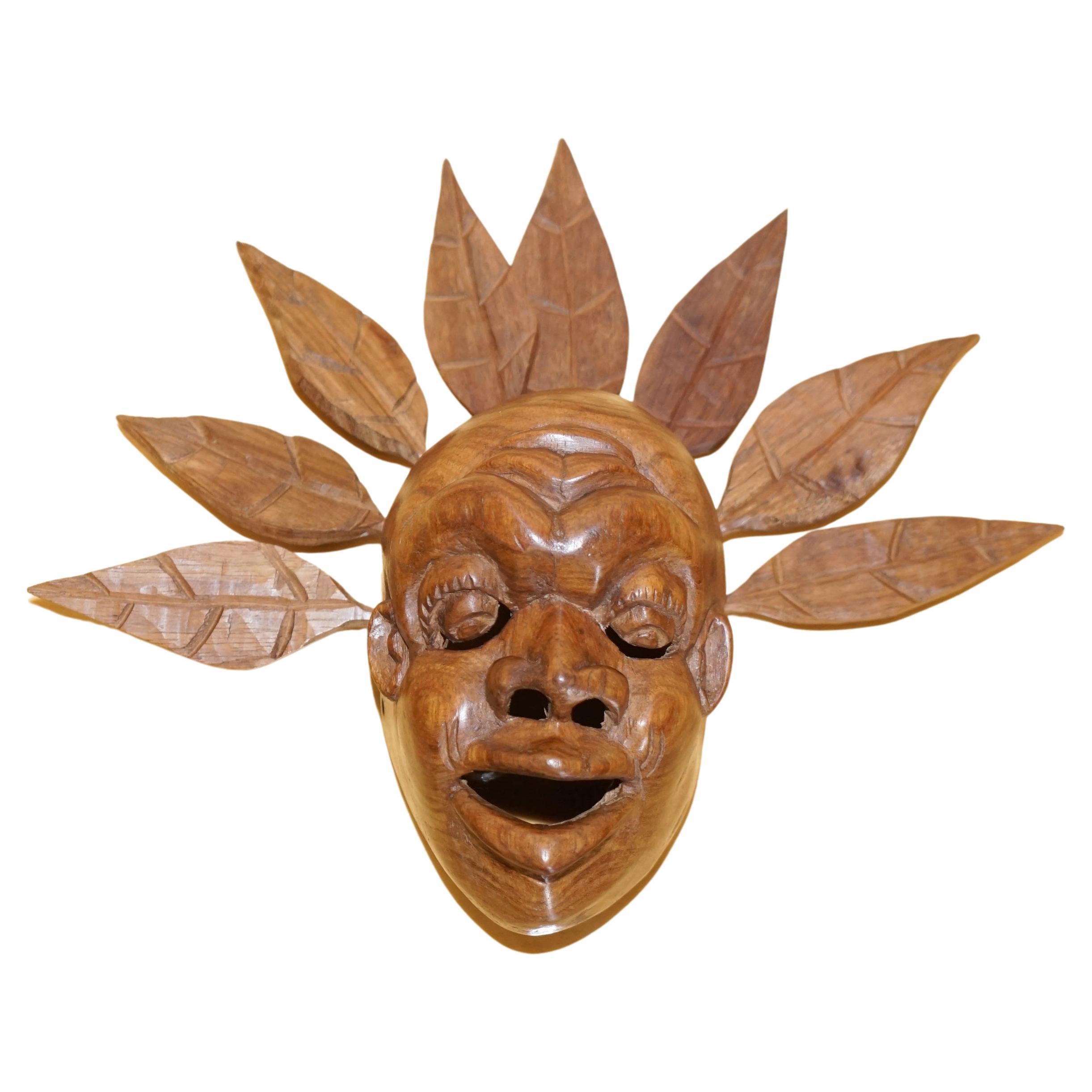 Vintage Carved Wooden Head with Removable Feathers, Carved from Single Burr For Sale