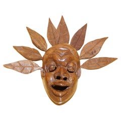 Vintage Carved Wooden Head with Removable Feathers, Carved from Single Burr