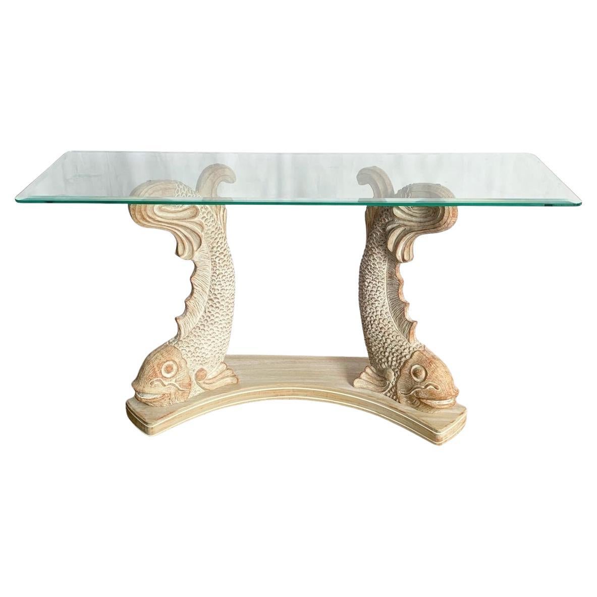 Vintage Carved Wooden Koi Fish Glass Top Console Table For Sale
