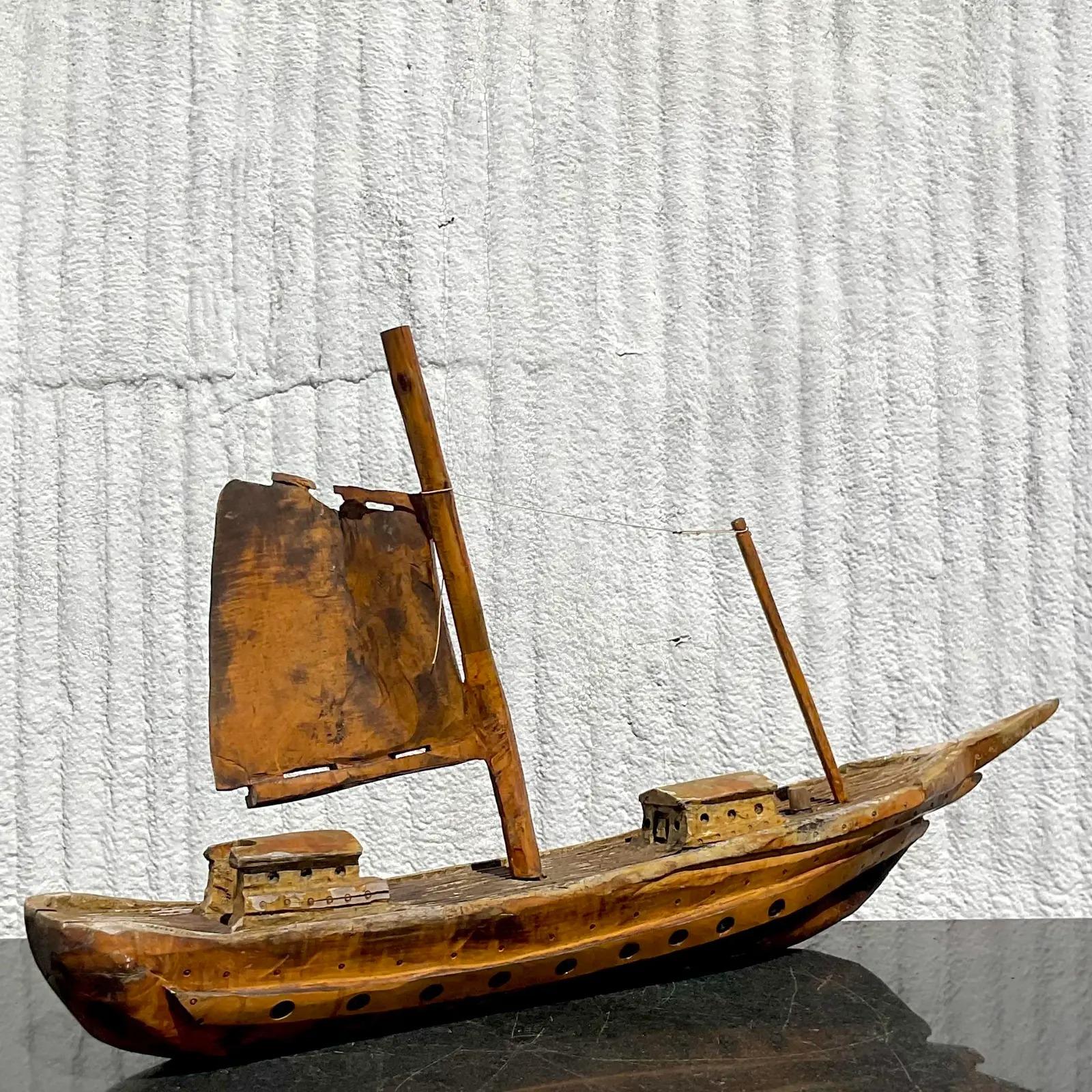 North American Vintage Carved Wooden Ship Model