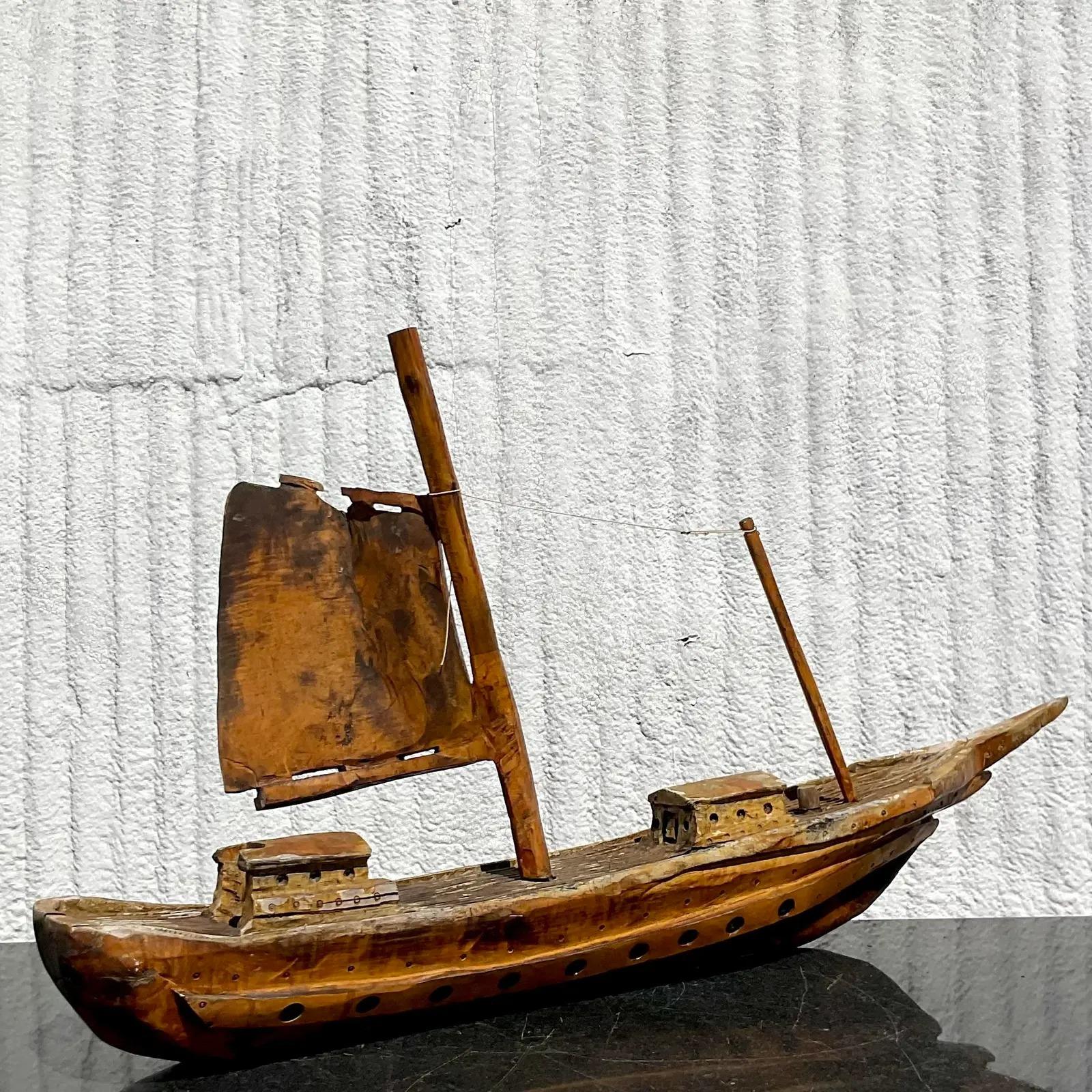 Vintage Carved Wooden Ship Model In Good Condition In west palm beach, FL