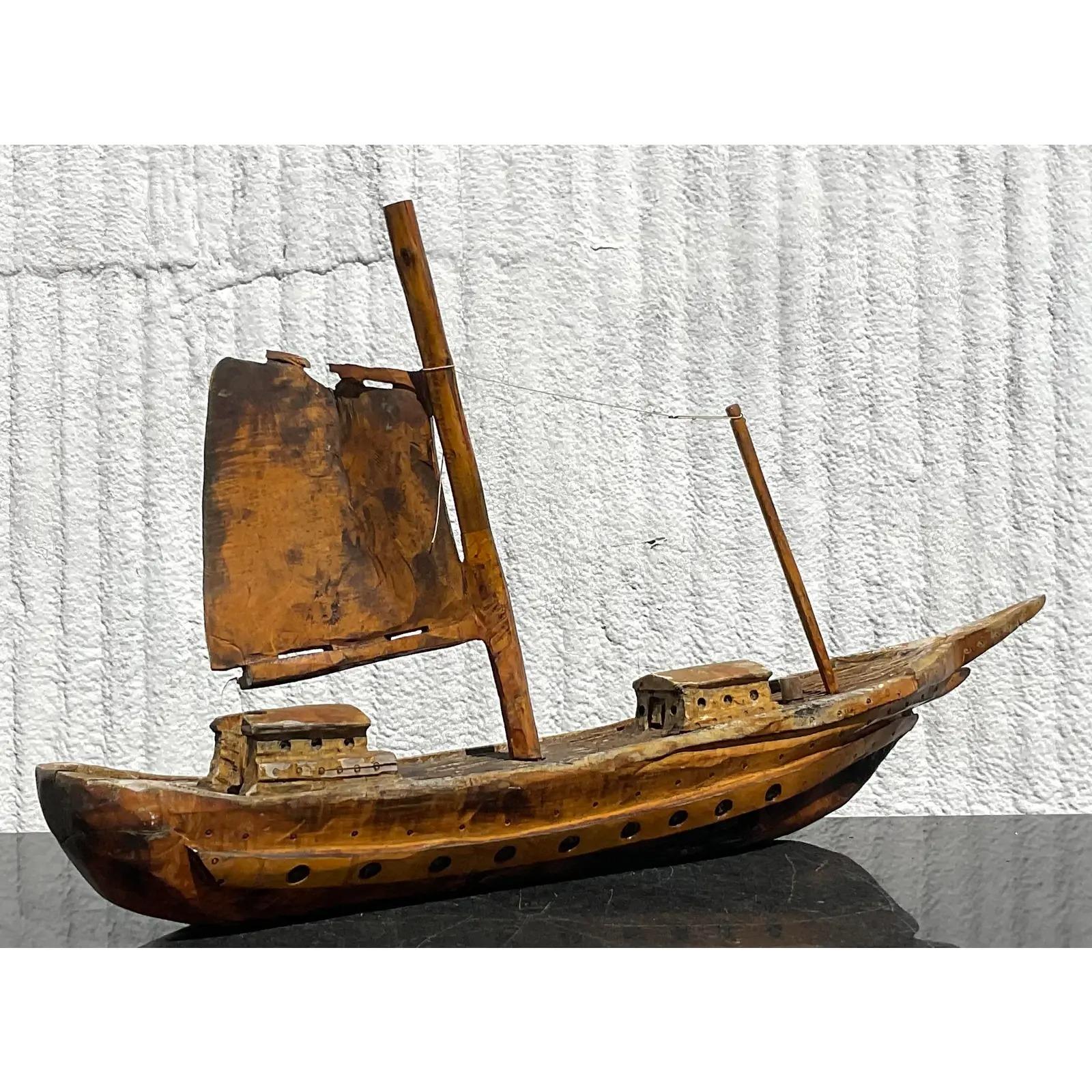 20th Century Vintage Carved Wooden Ship Model