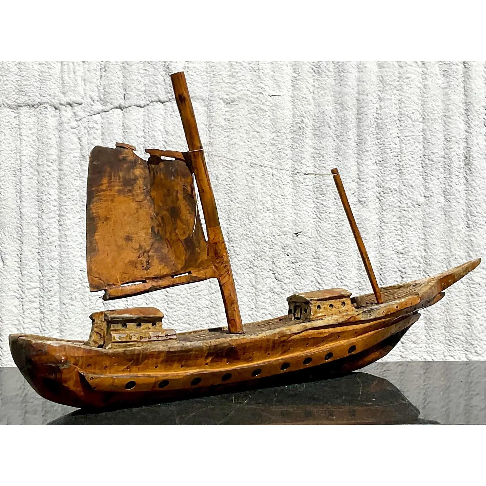 Vintage Carved Wooden Ship Model 1