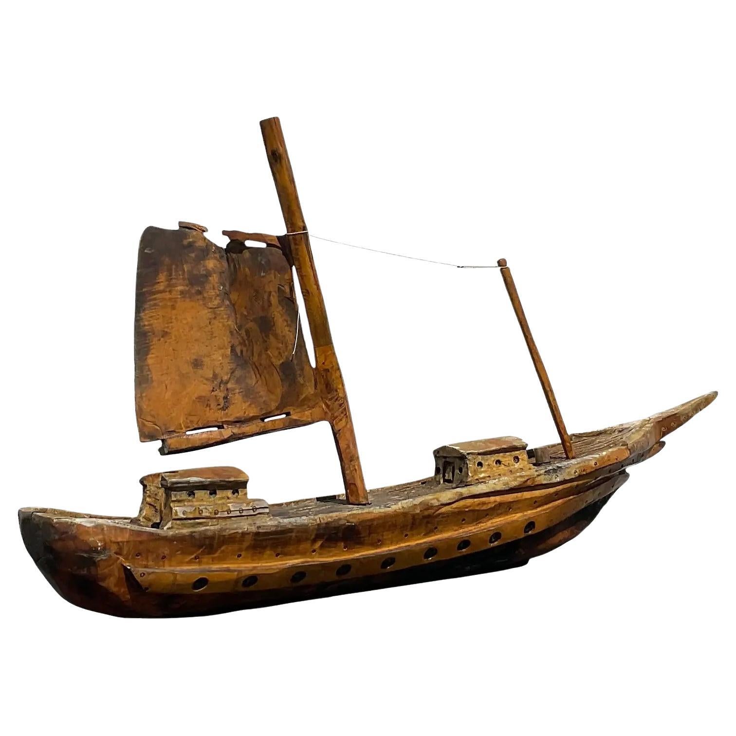 Vintage Carved Wooden Ship Model