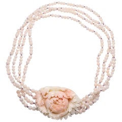 Vintage Carvin French Carved Angel Skin Coral Amethyst Gold Necklace