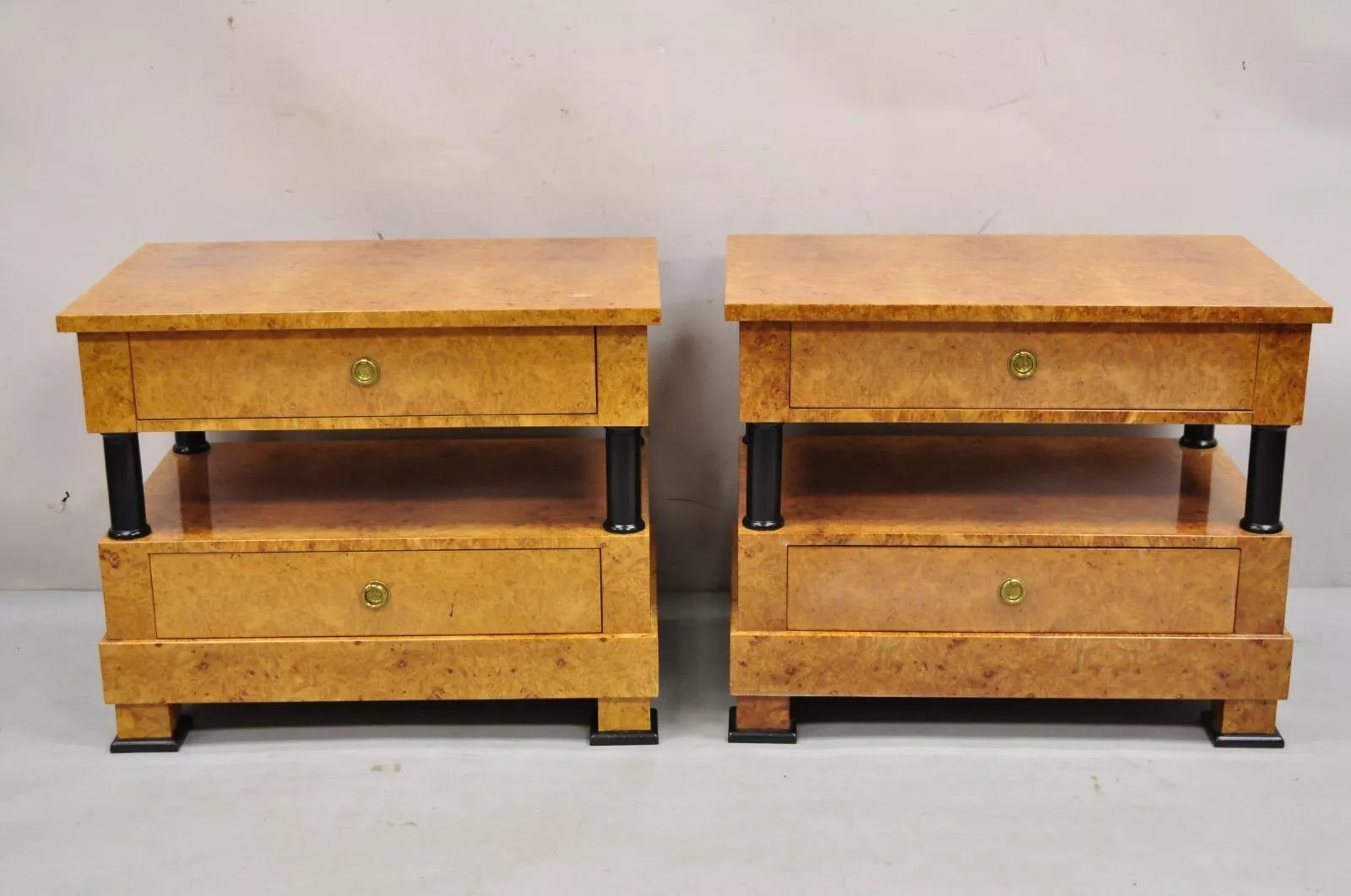 Vintage Casa Nova Italian Empire Style Burl Wood 2 Tier Nightstands - a Pair. Circa Late 20th Century. Measurements: 22