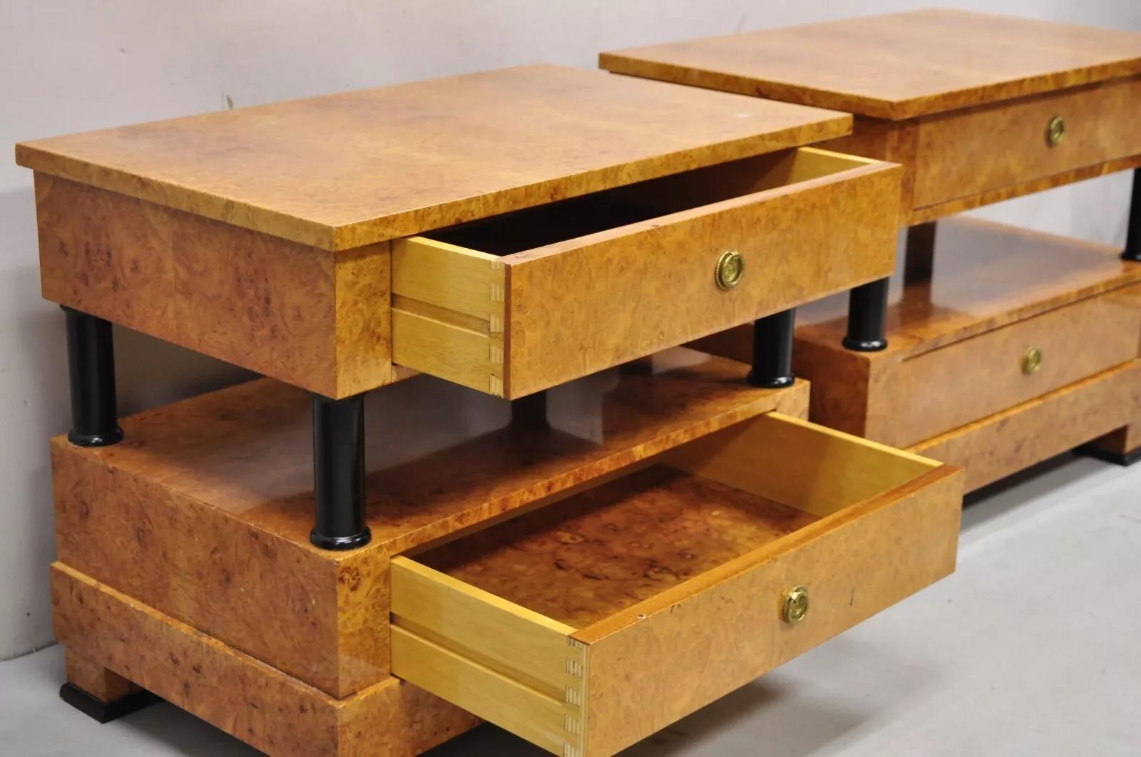 Vintage Casa Nova Italian Empire Style Burl Wood 2 Tier Nightstands - a Pair In Good Condition For Sale In Philadelphia, PA