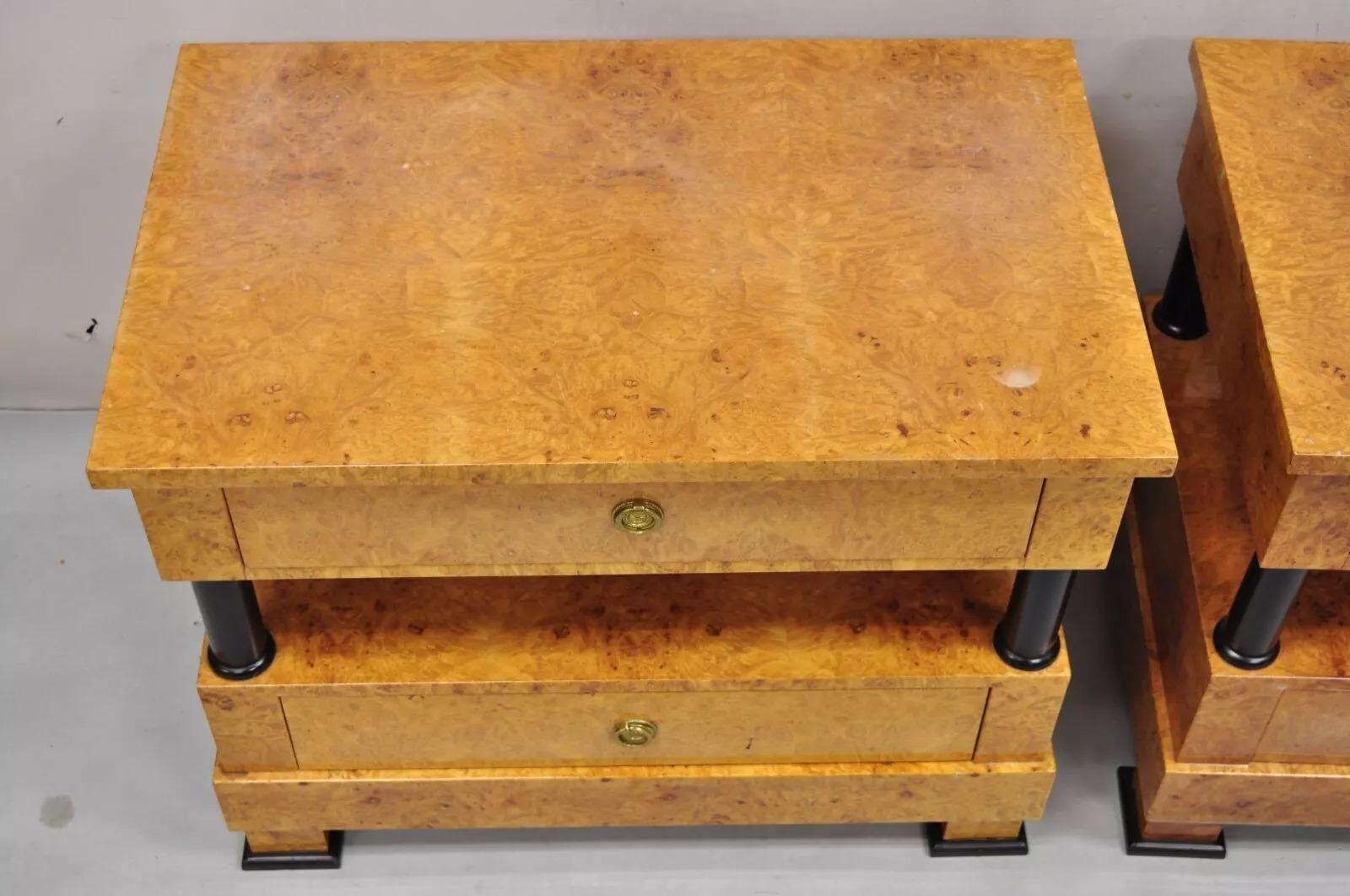 20th Century Vintage Casa Nova Italian Empire Style Burl Wood 2 Tier Nightstands - a Pair For Sale