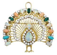 Vintage Casbah Multi Gemstone and Diamond Peacock Brooch/Pendant 18 Karat Gold