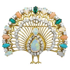 Vintage Casbah Multi Gemstone and Diamond Peacock Brooch/Pendant 18 Karat Gold