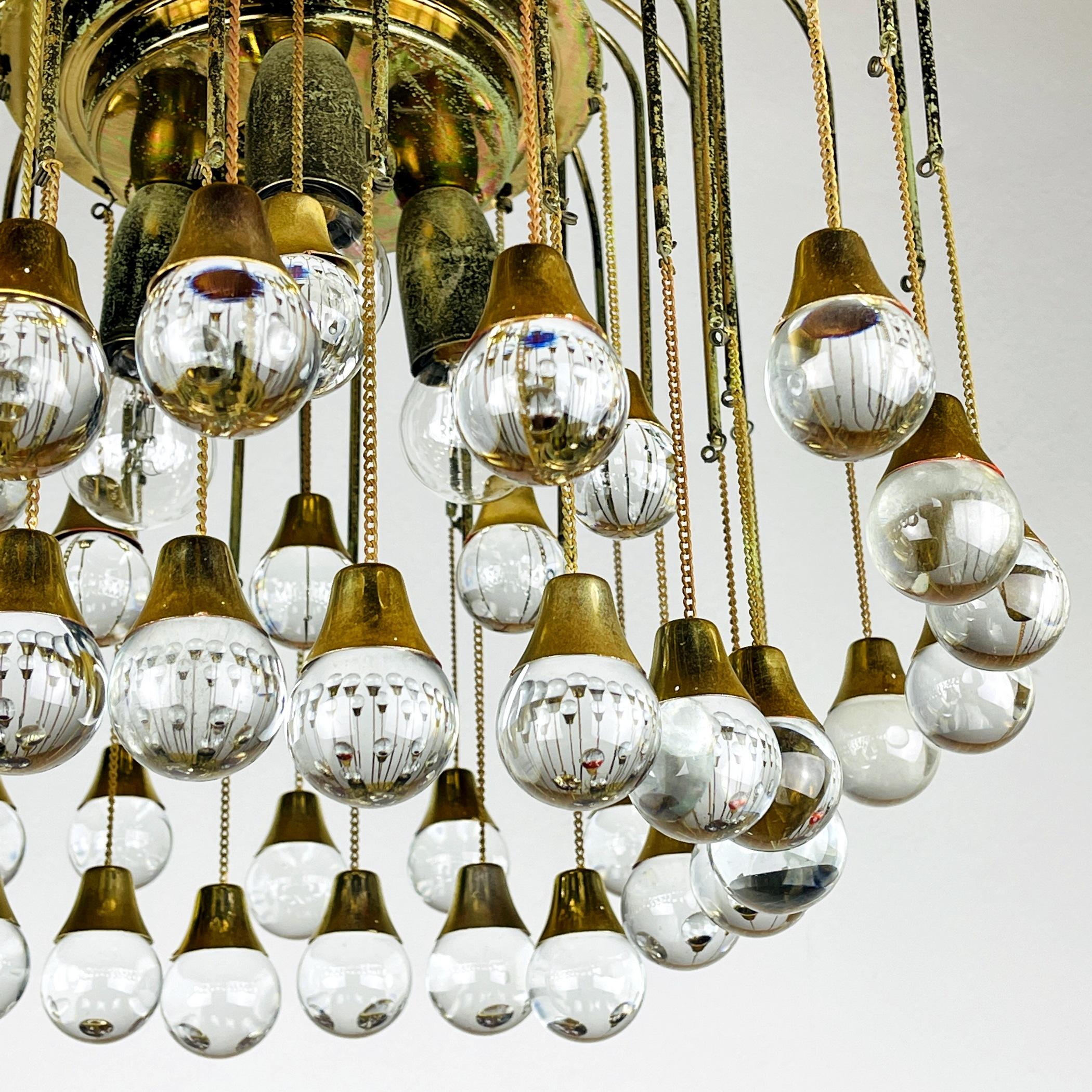 Vintage Cascade Glass Chandelier Italy 1960s Brass and 48 Glass Balls 7