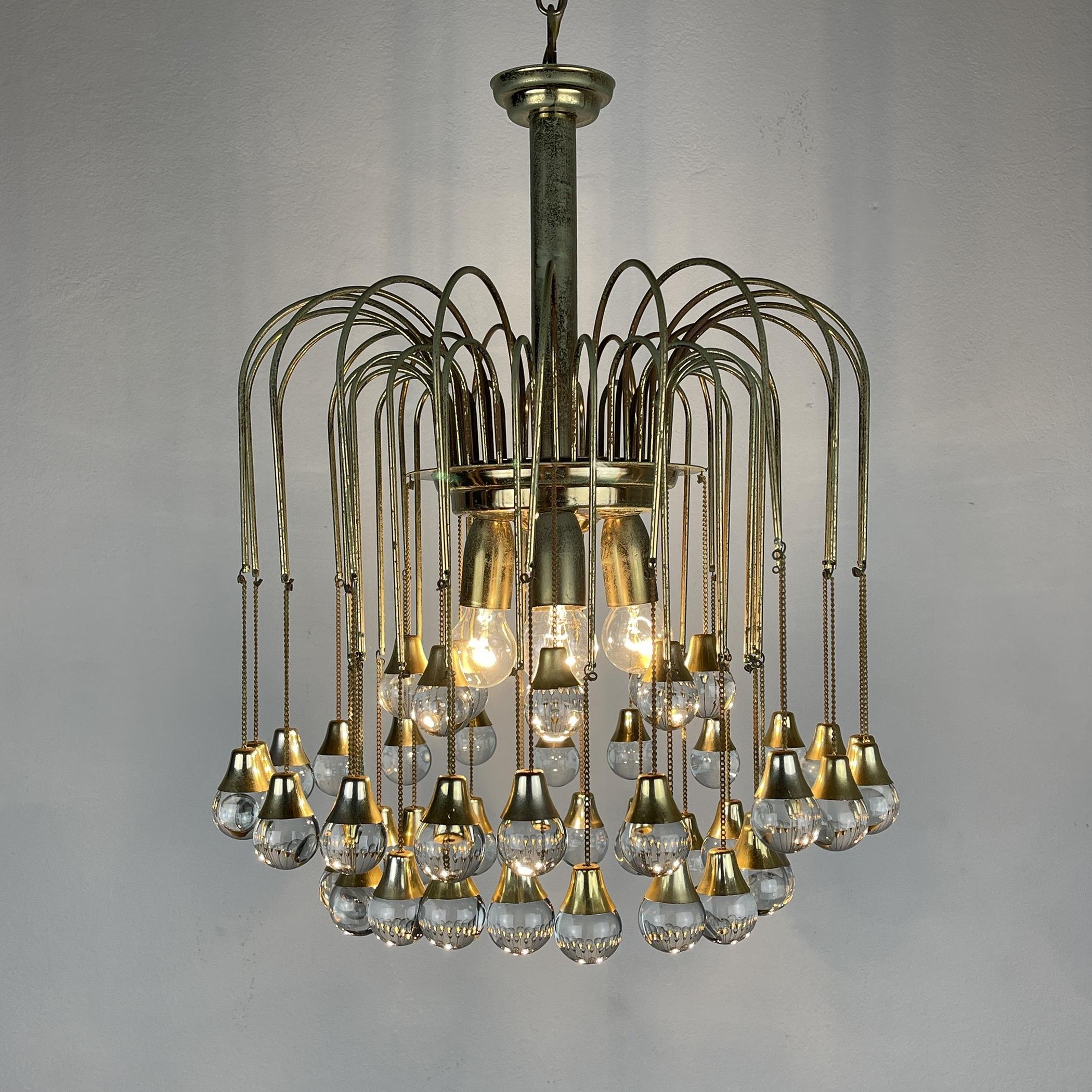 Vintage Cascade Glass Chandelier Italy 1960s Brass and 48 Glass Balls 11