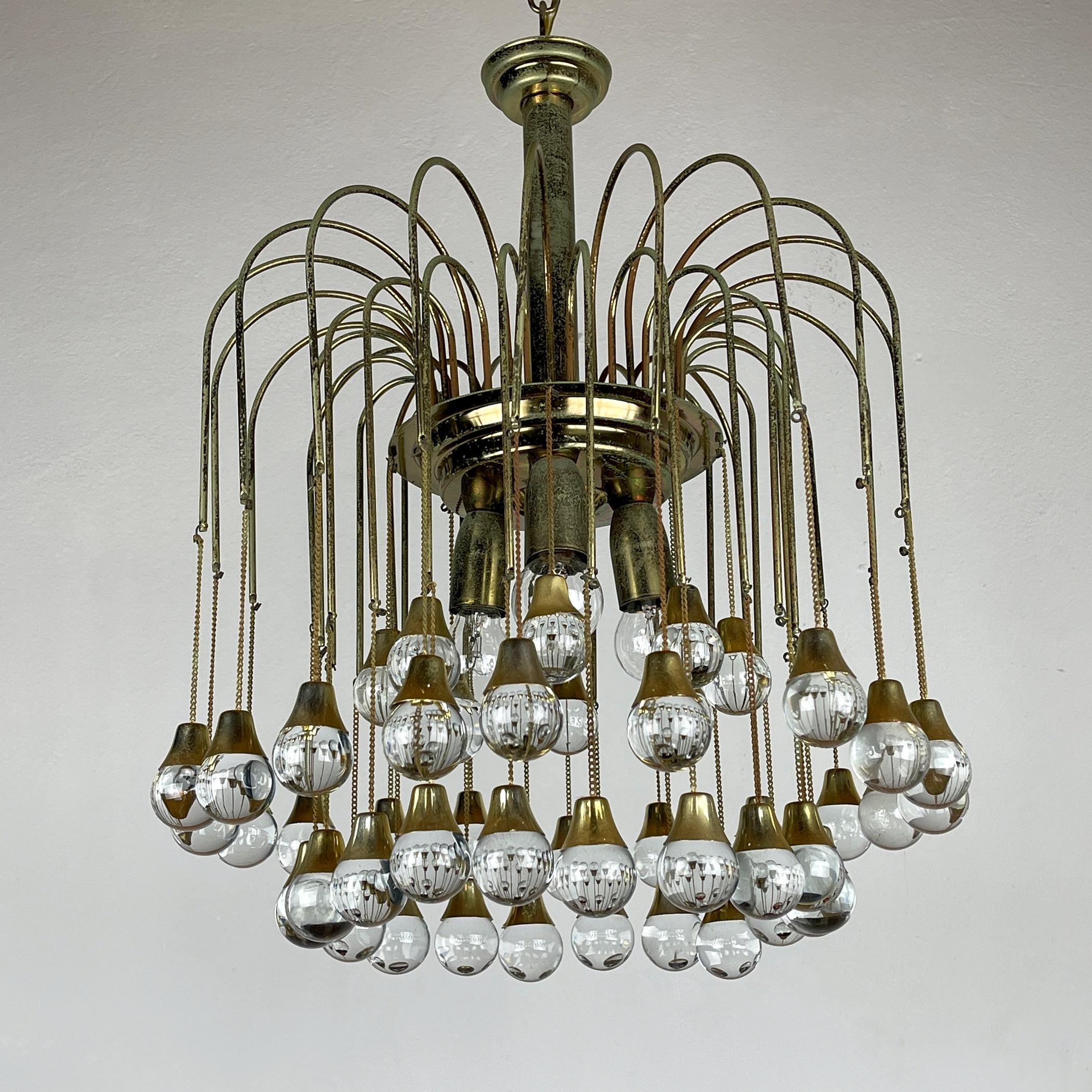 Vintage Cascade Glass Chandelier Italy 1960s Brass and 48 Glass Balls 12