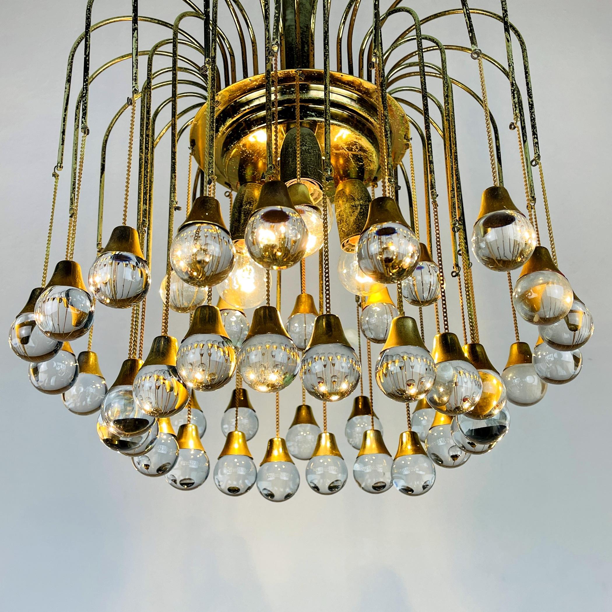Mid-Century Modern Vintage Cascade Glass Chandelier Italy 1960s Brass and 48 Glass Balls