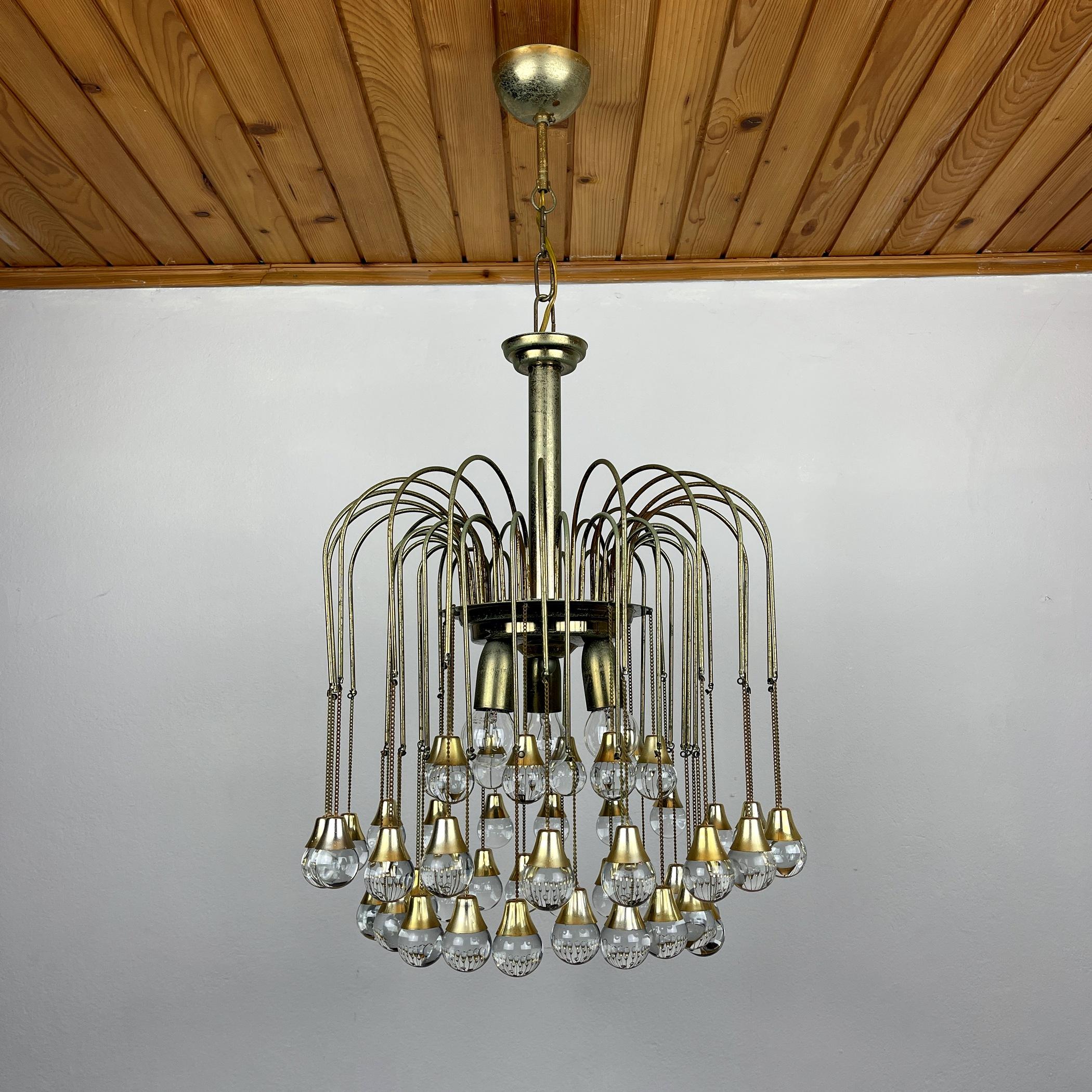 Italian Vintage Cascade Glass Chandelier Italy 1960s Brass and 48 Glass Balls