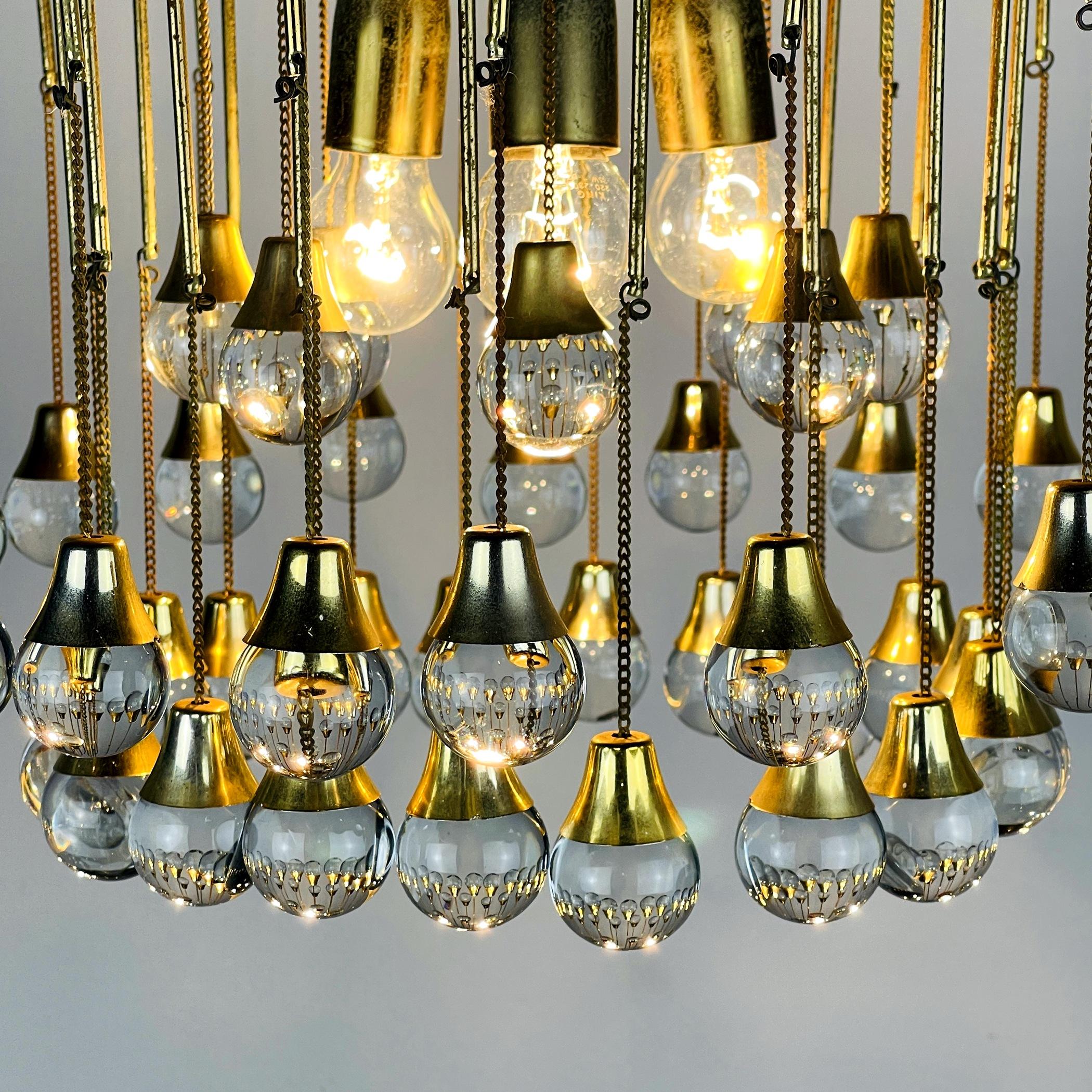 Mid-20th Century Vintage Cascade Glass Chandelier Italy 1960s Brass and 48 Glass Balls