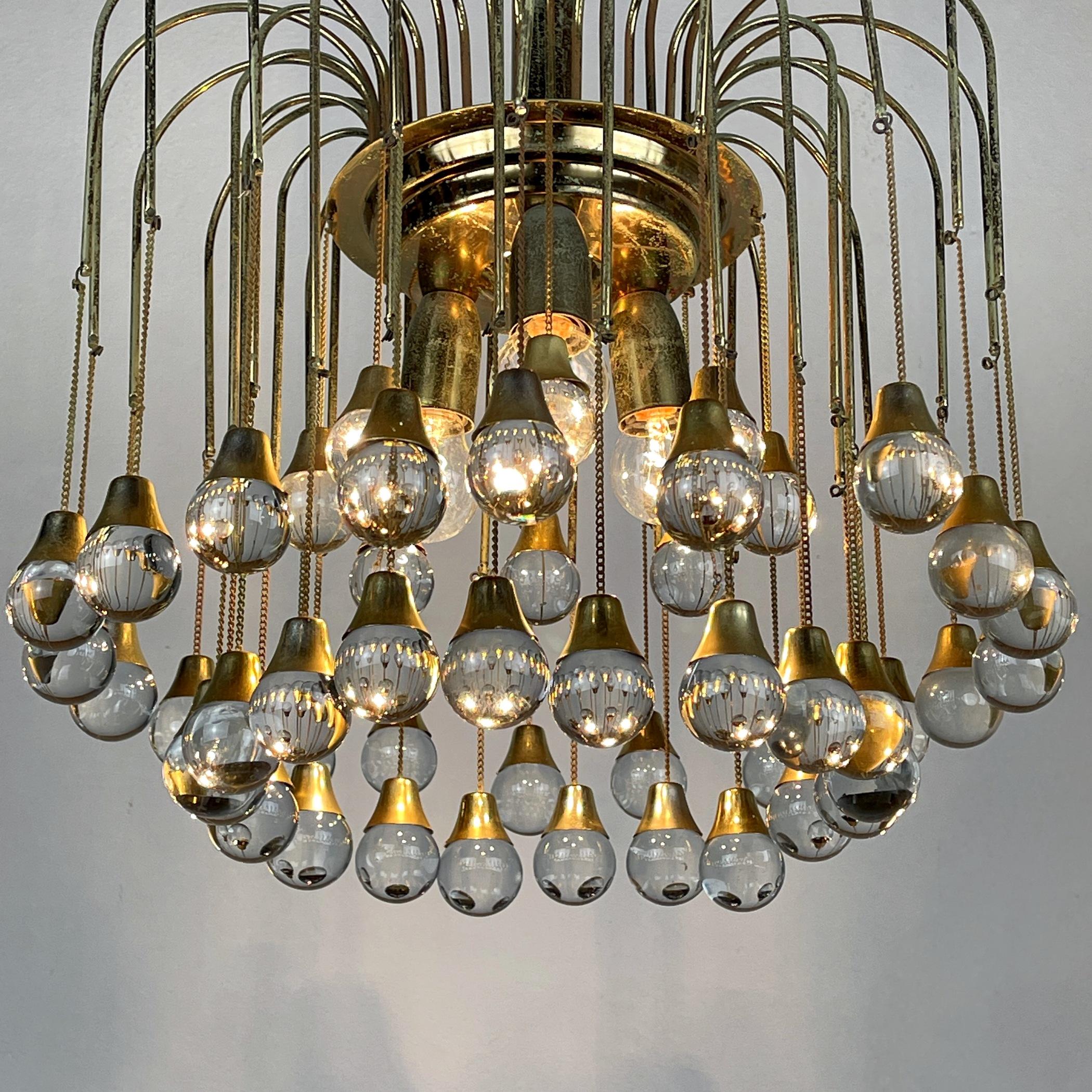 Vintage Cascade Glass Chandelier Italy 1960s Brass and 48 Glass Balls 1