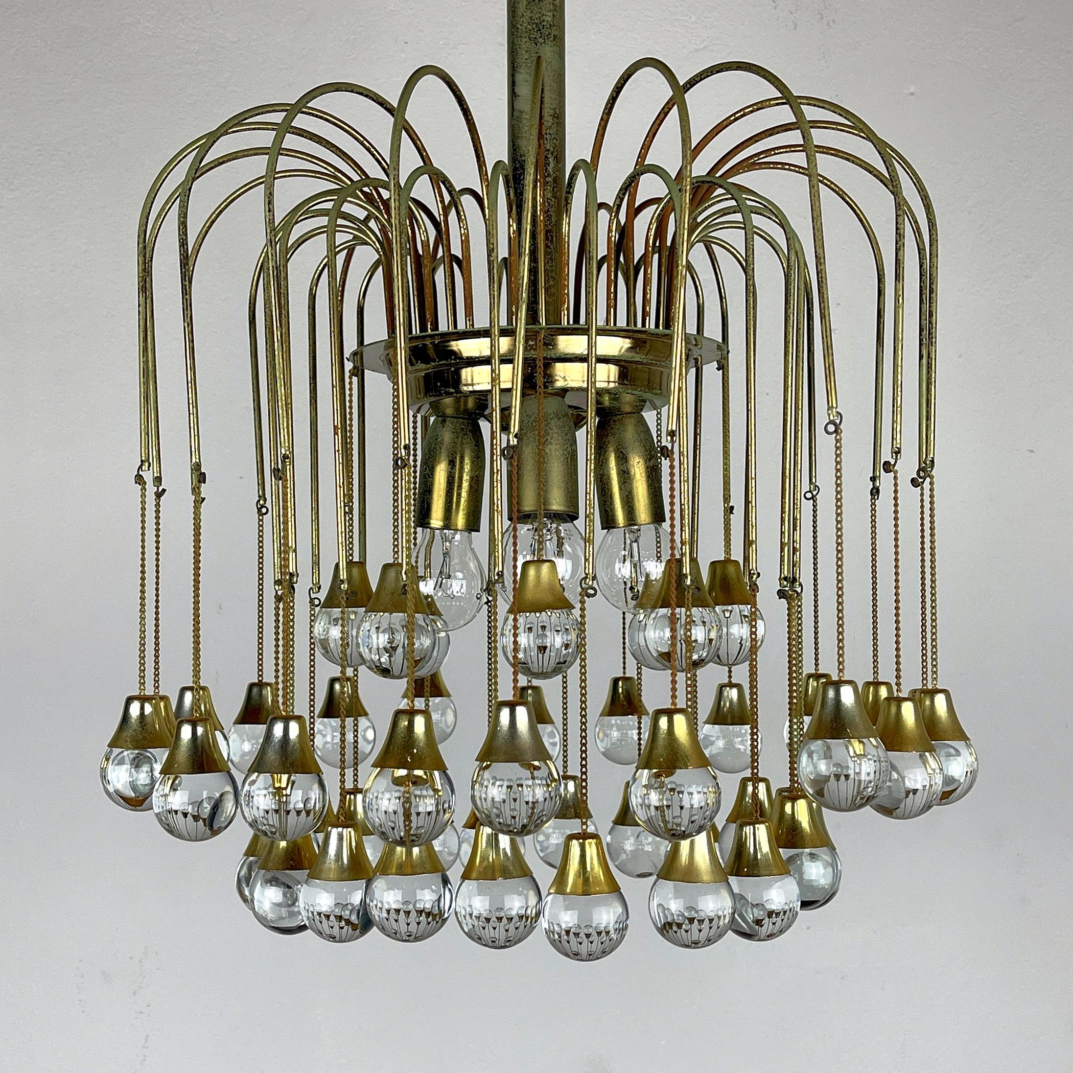 Vintage Cascade Glass Chandelier Italy 1960s Brass and 48 Glass Balls 2