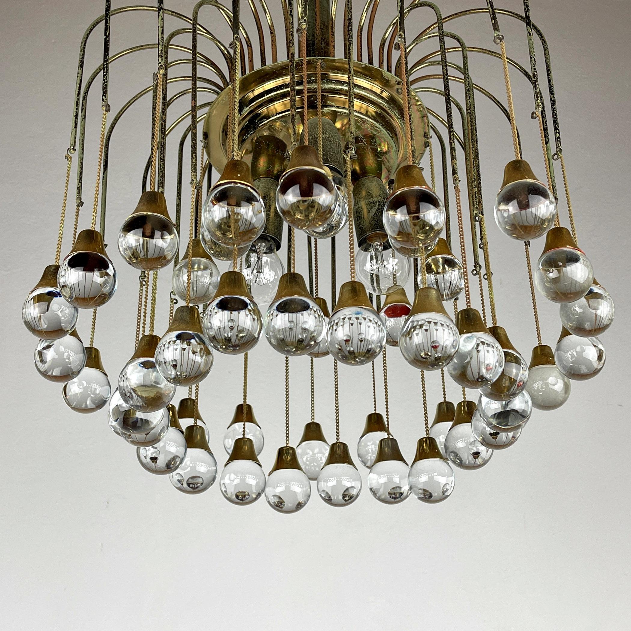 Vintage Cascade Glass Chandelier Italy 1960s Brass and 48 Glass Balls 3