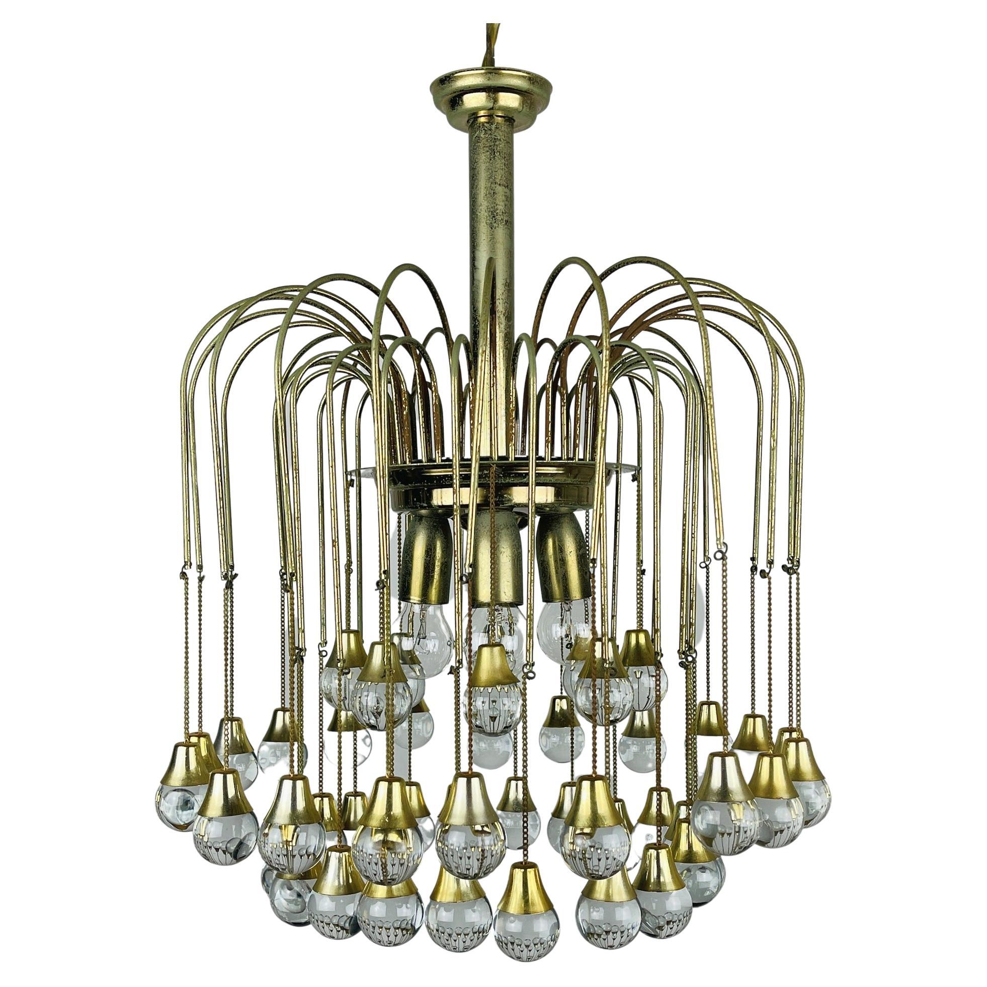 Vintage Cascade Glass Chandelier Italy 1960s Brass and 48 Glass Balls