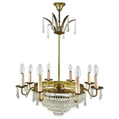 Lampadario d'epoca a cascata in cristallo e ottone Francia anni '60