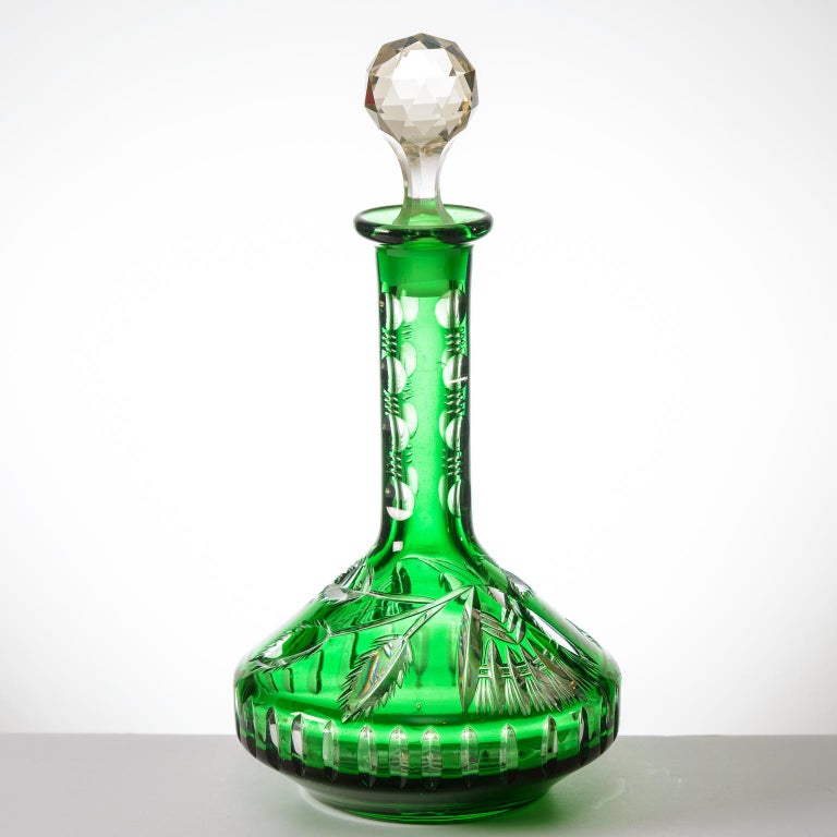 Vintage Cased Green Crystal Bar Set with Tray Decanter and 6 Cocktail