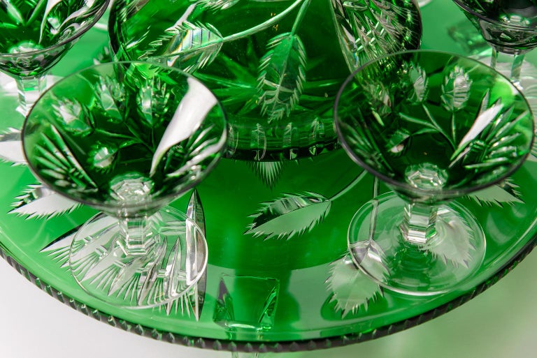 Vintage Cased Green Crystal Bar Set with Tray Decanter and 6 Cocktail