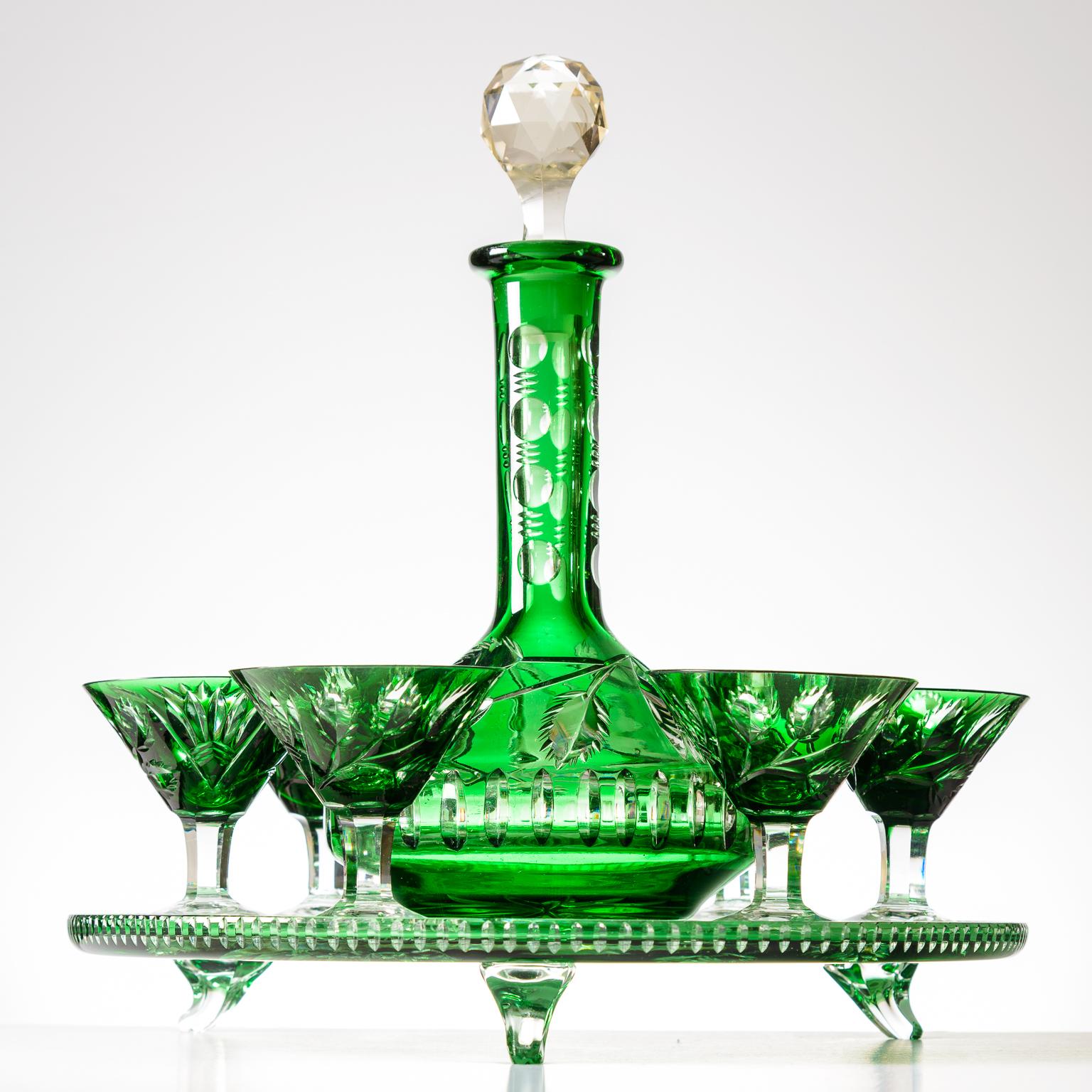 Hand-Crafted Vintage Cased Green Crystal Bar Set with Tray Decanter and 6 Cocktail Glasses