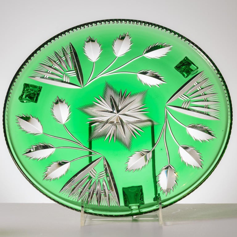 Vintage Cased Green Crystal Bar Set with Tray Decanter and 6 Cocktail