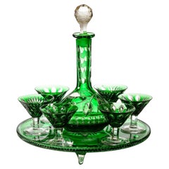 Vintage Cased Green Crystal Bar Set with Tray Decanter and 6 Cocktail Glasses