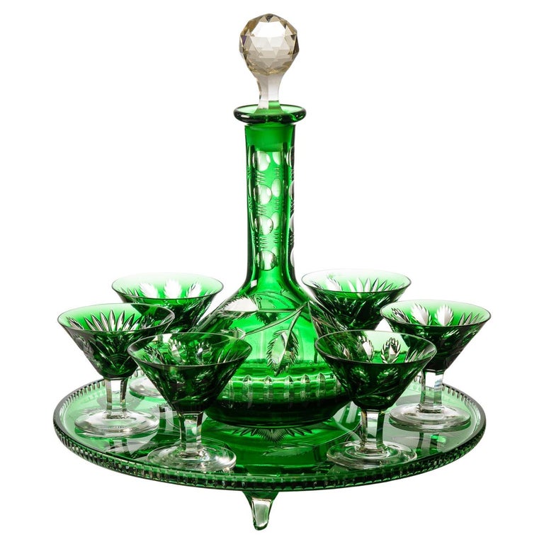 Vintage Cased Green Crystal Bar Set with Tray Decanter and 6 Cocktail
