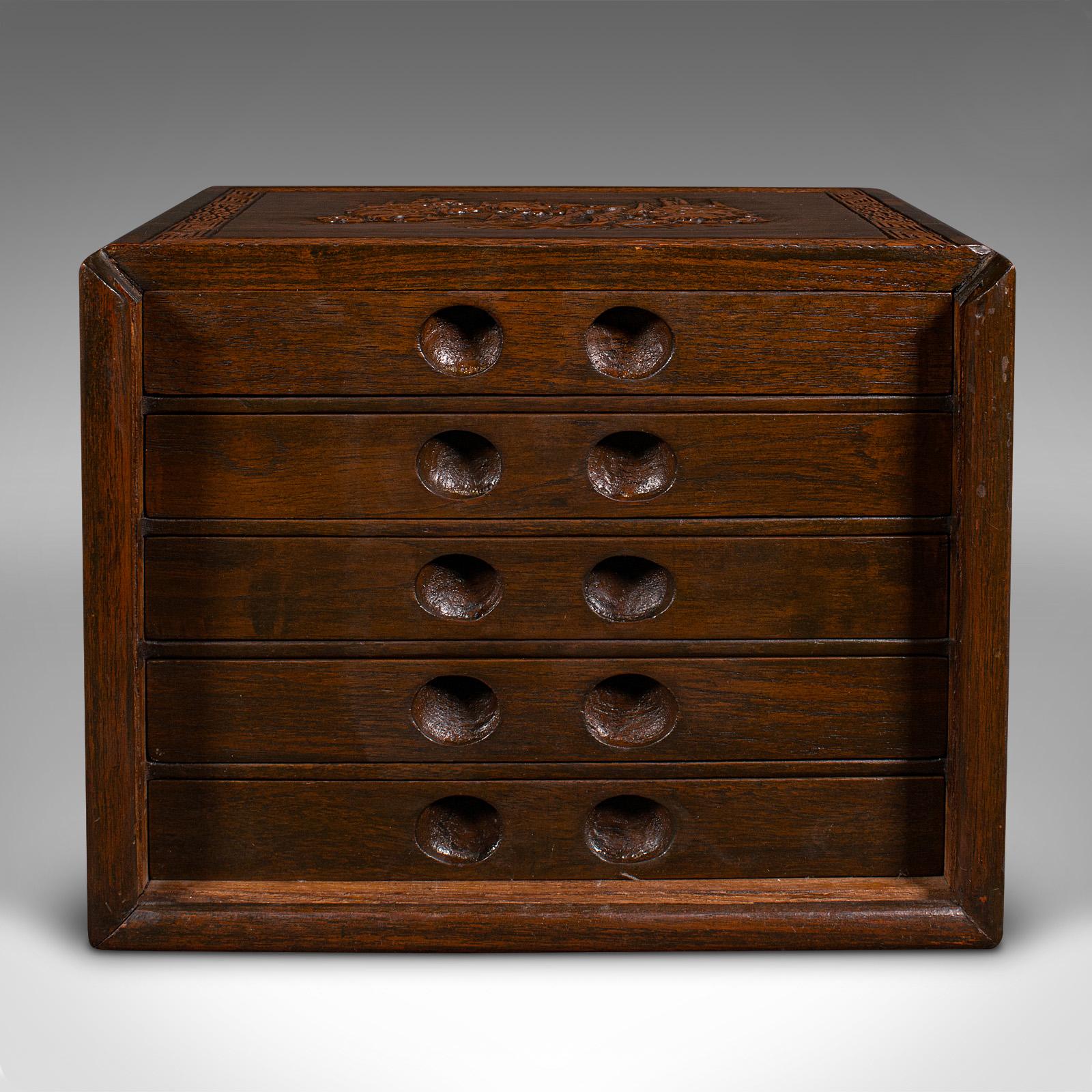 Vintage Cased Mahjong Set, Chinese, Carved Teak, Gaming Set, Mid Century, C.1950 In Good Condition In Hele, Devon, GB