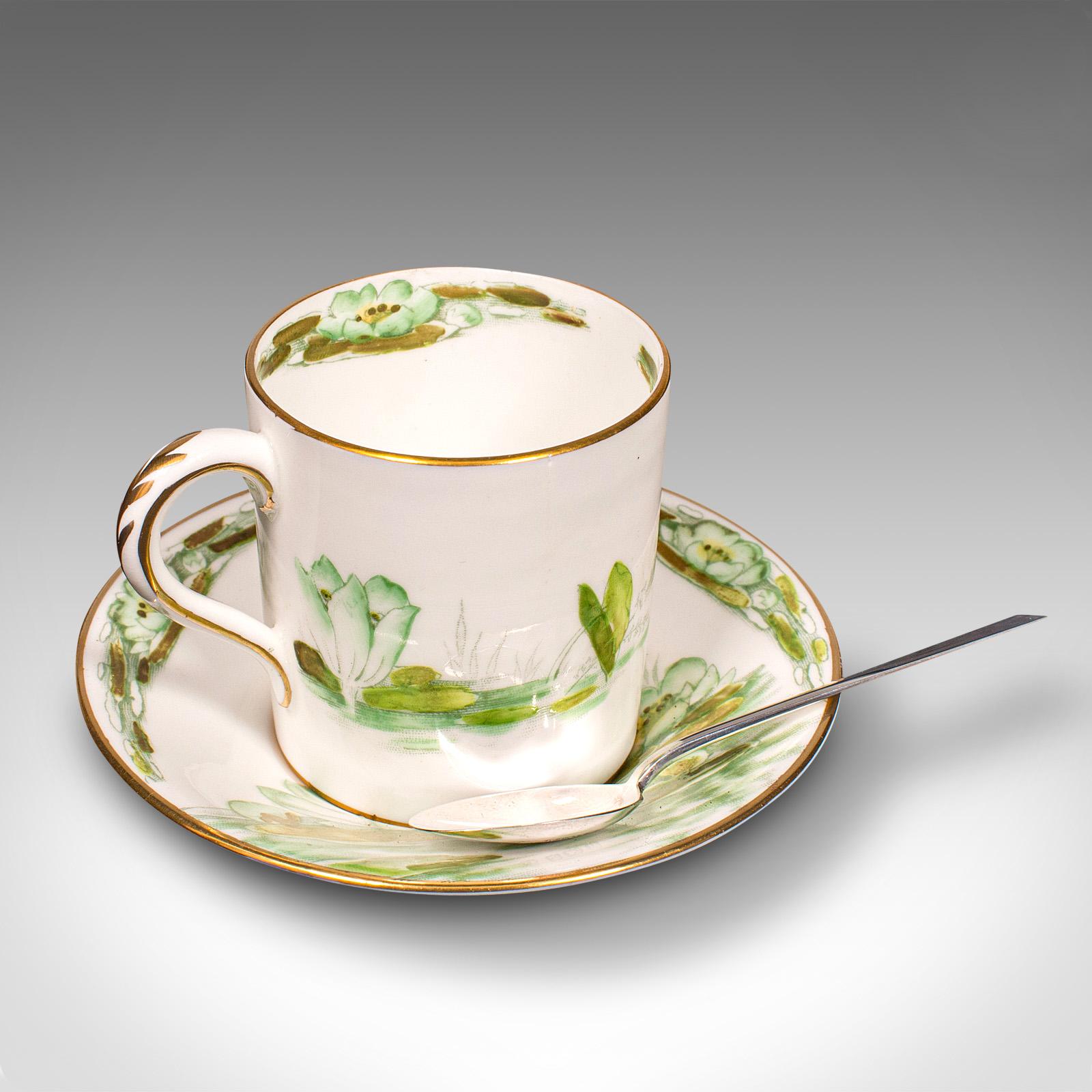 Vintage Cased Tea Set, English Ceramic, Coffee Cans, Silver Spoon, Hallmark 1932 For Sale 4