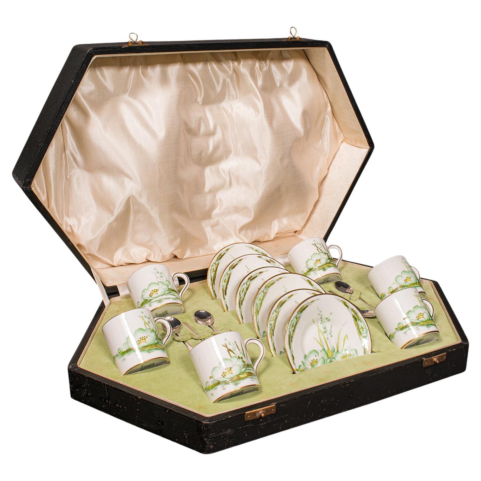 Vintage Cased Tea Set, English Ceramic, Coffee Cans, Silver Spoon, Hallmark 1932 For Sale