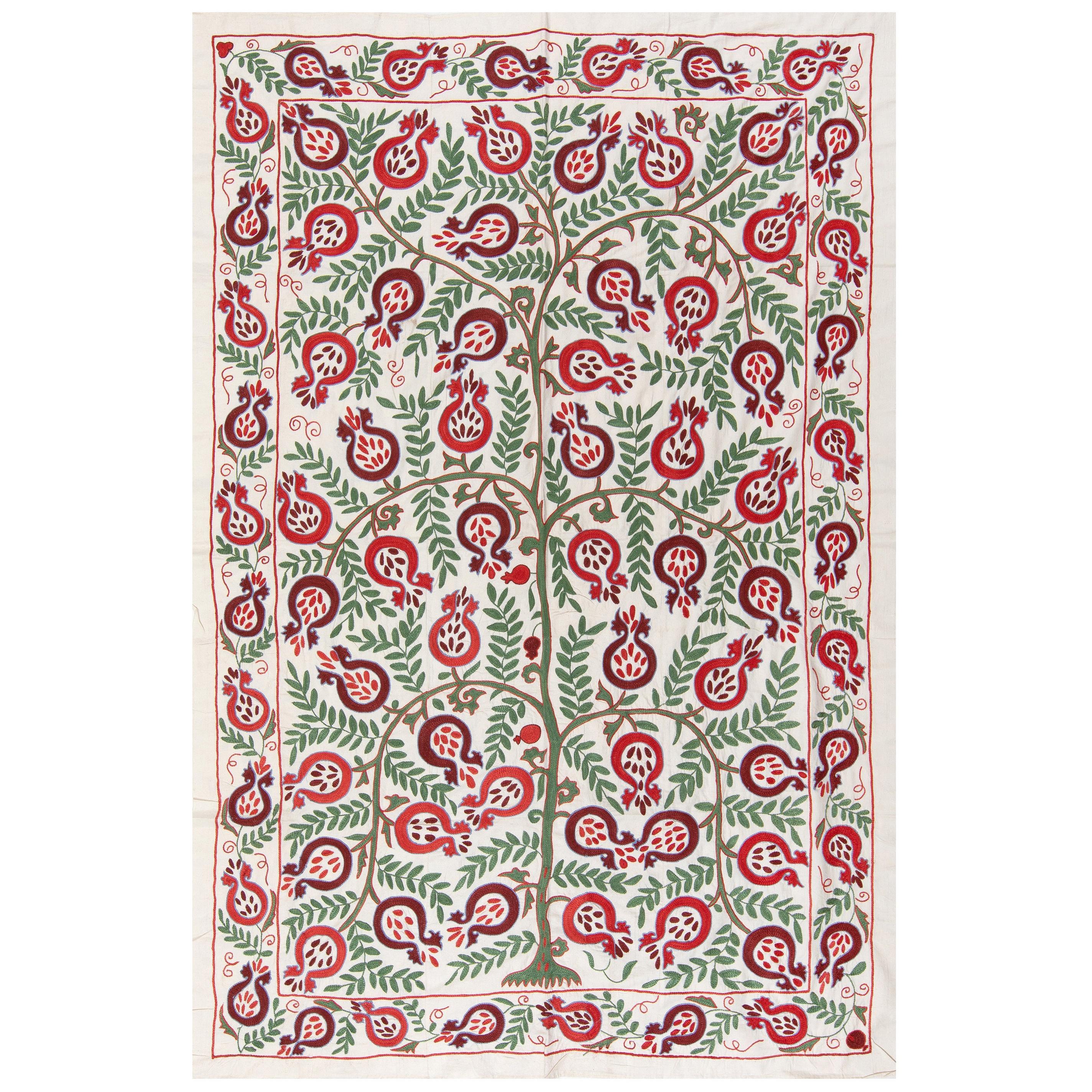 4.7x7 Ft Silk Suzani Pomegranate Tree Design Wall Hanging, Embroidered Bedspread