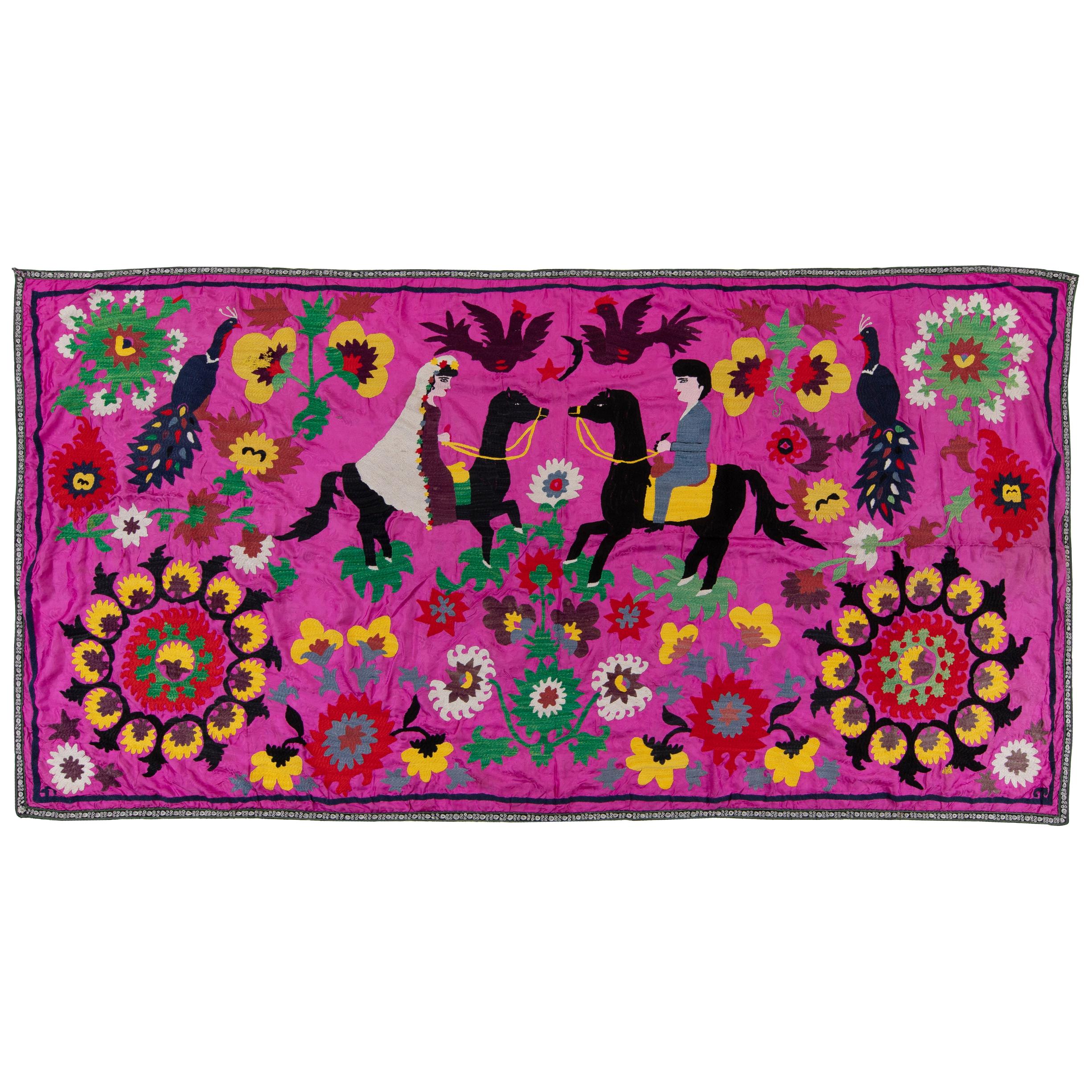 4.6x6.6 Ft Vintage C. Asian Suzani Textile, Embroidered Wall Hanging