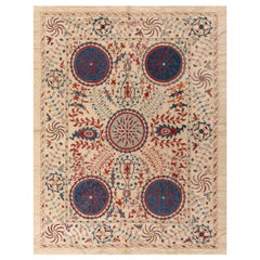 5x6.4 5x6.4 Ft Vintage 100% Silk Suzani from Uzbekistan, Embroidered Wall Hanging