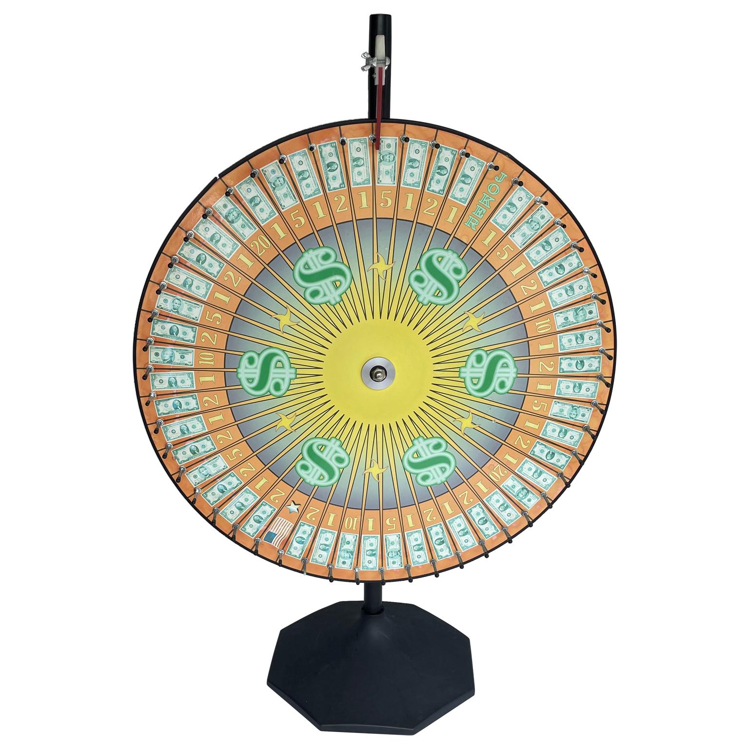 America stand alone gaming wheel of fortune, circa 1970's.
Mid-Century Modern gaming wheel manufactured by the Casino Supply Company. Yes, you need this in your game room. It's bright and shiny with big dollar signs on the front. All pegs are in