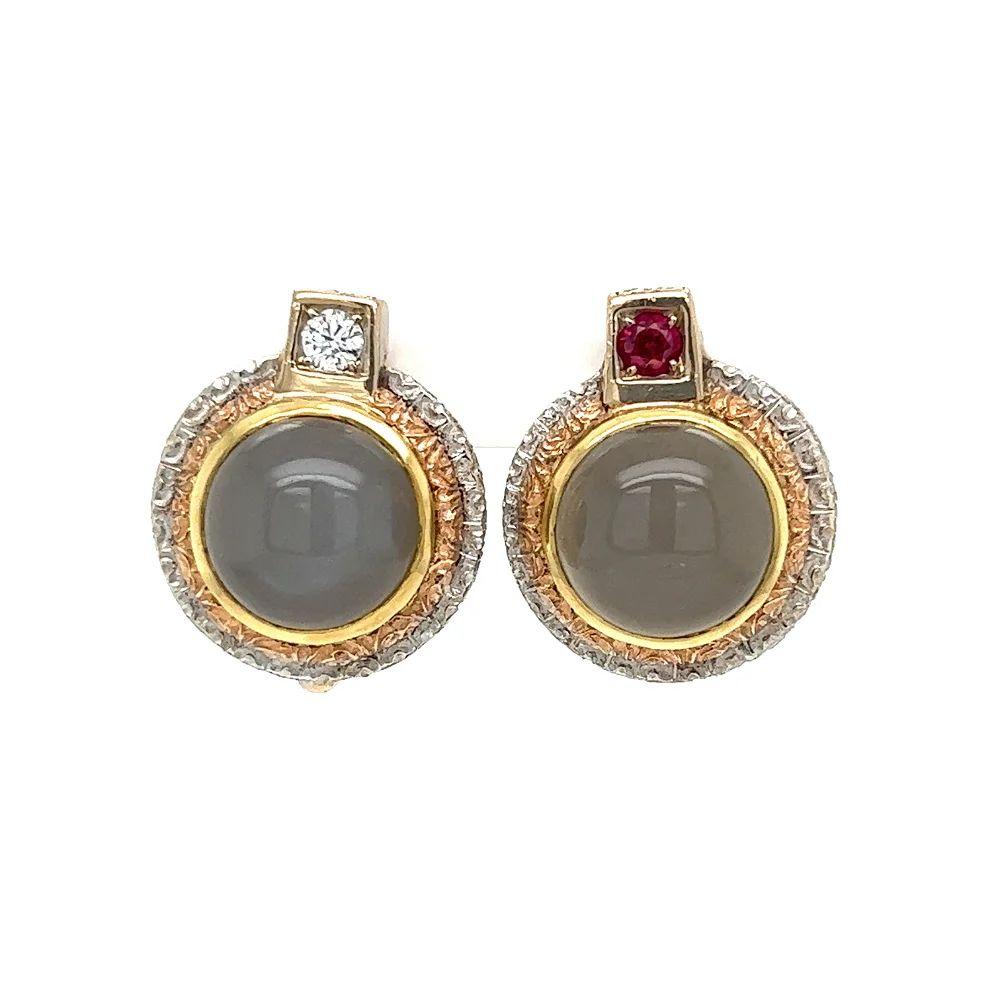 Round Cut Vintage CASSANIGA Designer Moonstone Ruby and Diamond Gold Earrings For Sale