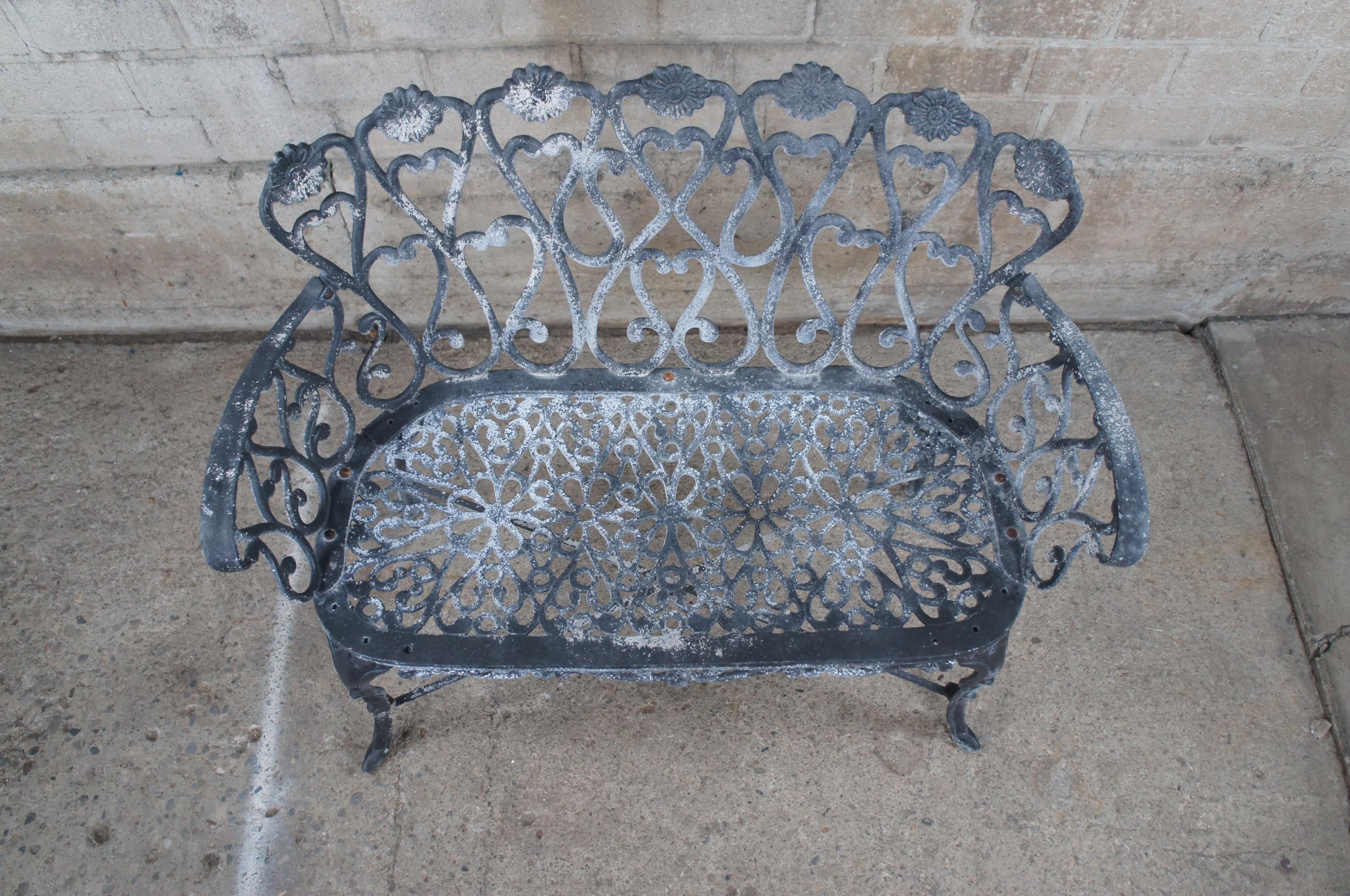 20th Century Vintage Cast Aluminum Outdoor Garden Bench Heart Loveseat Settee Victorian Style For Sale