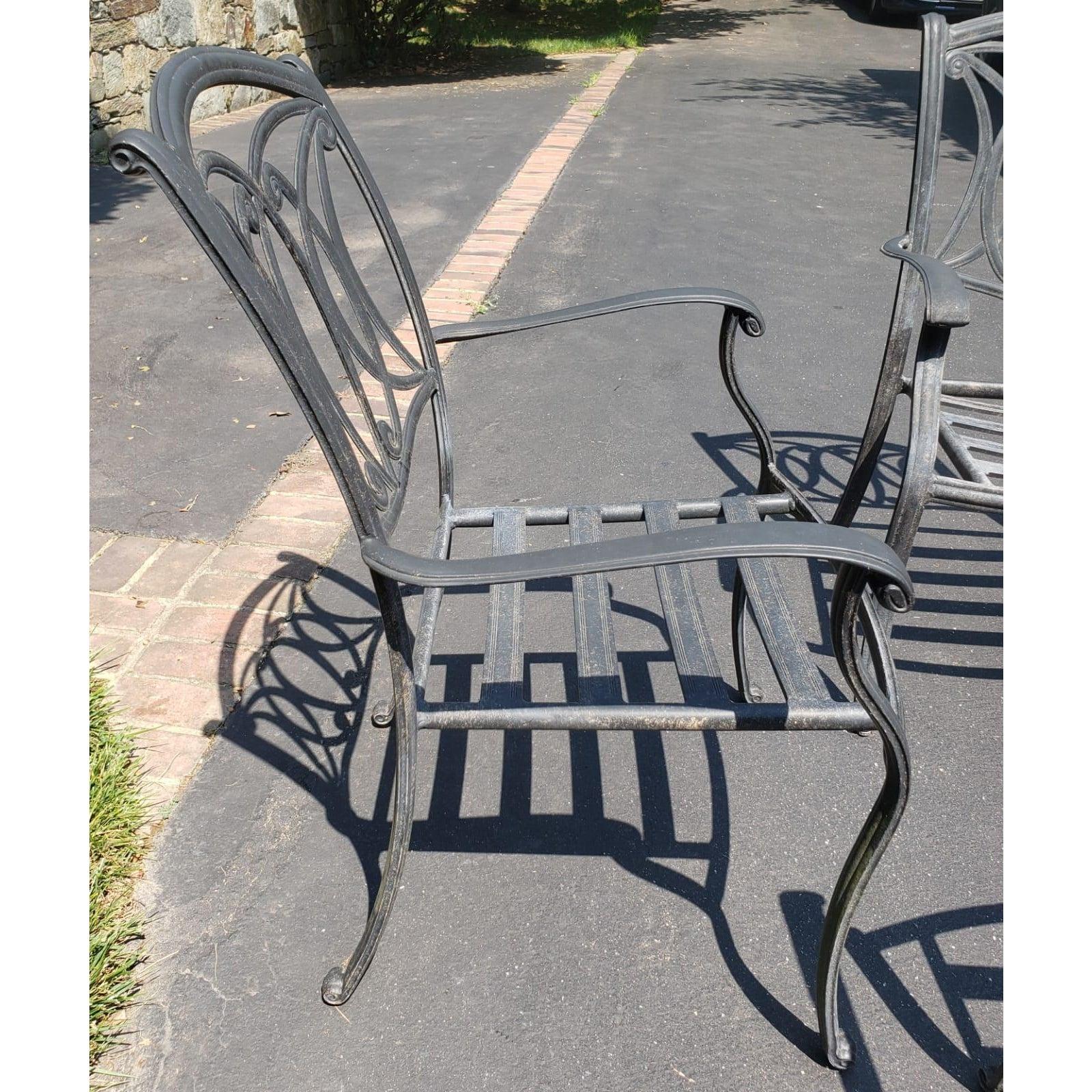 American Vintage Cast Aluminum Patio Table & 4 Armchairs with Cushions For Sale