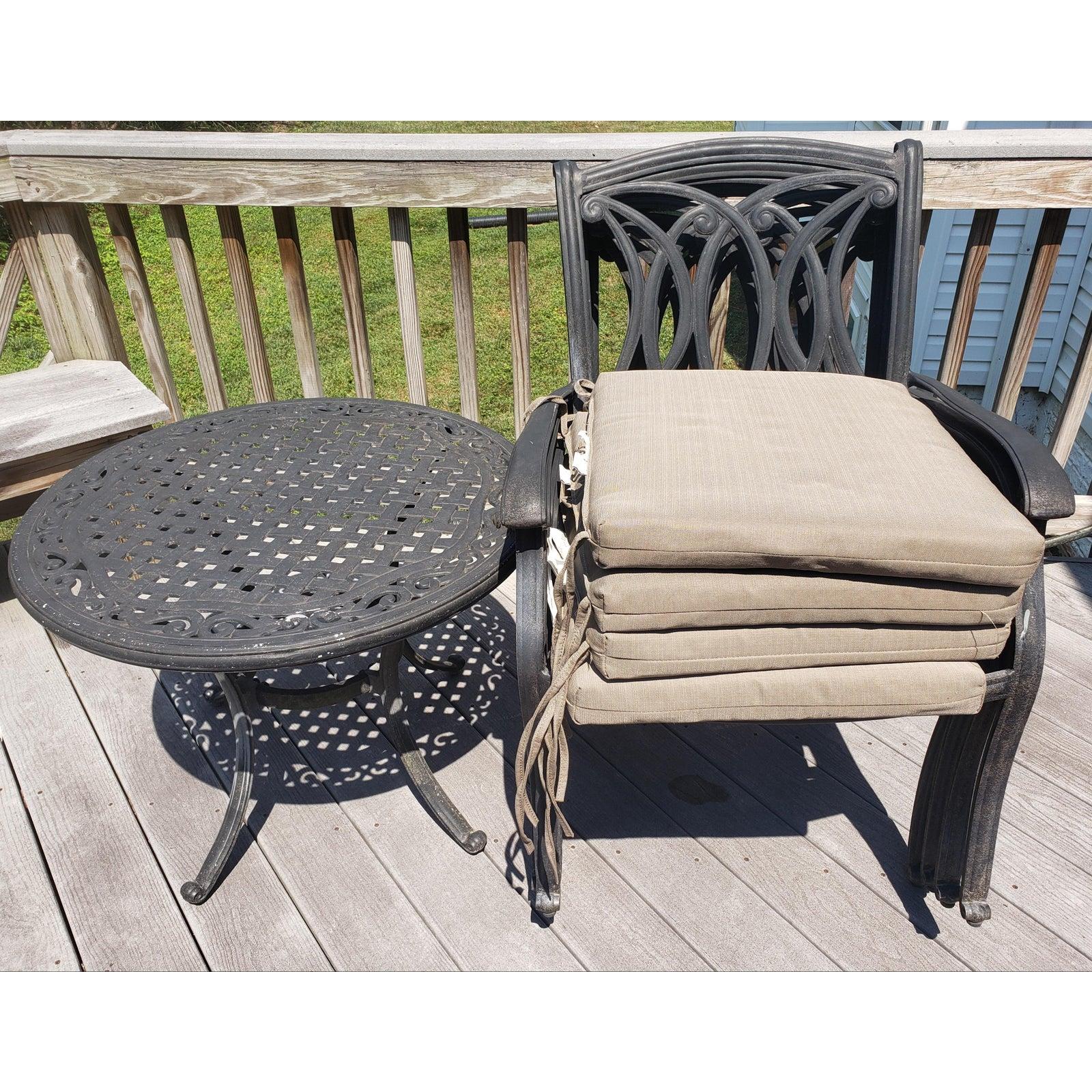 Metalwork Vintage Cast Aluminum Patio Table & 4 Armchairs with Cushions For Sale