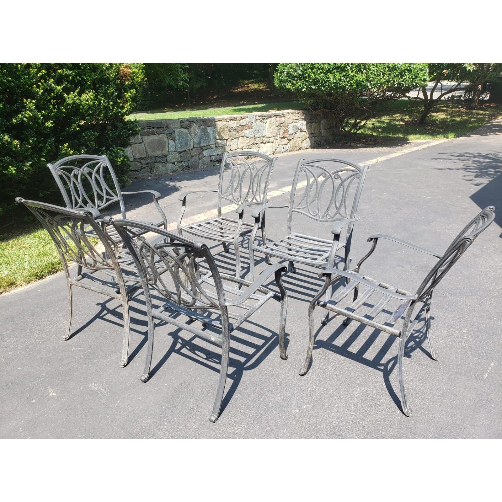 Modern Vintage Cast Aluminum Stackable Patio Armchairs with Cushions, Set of 6